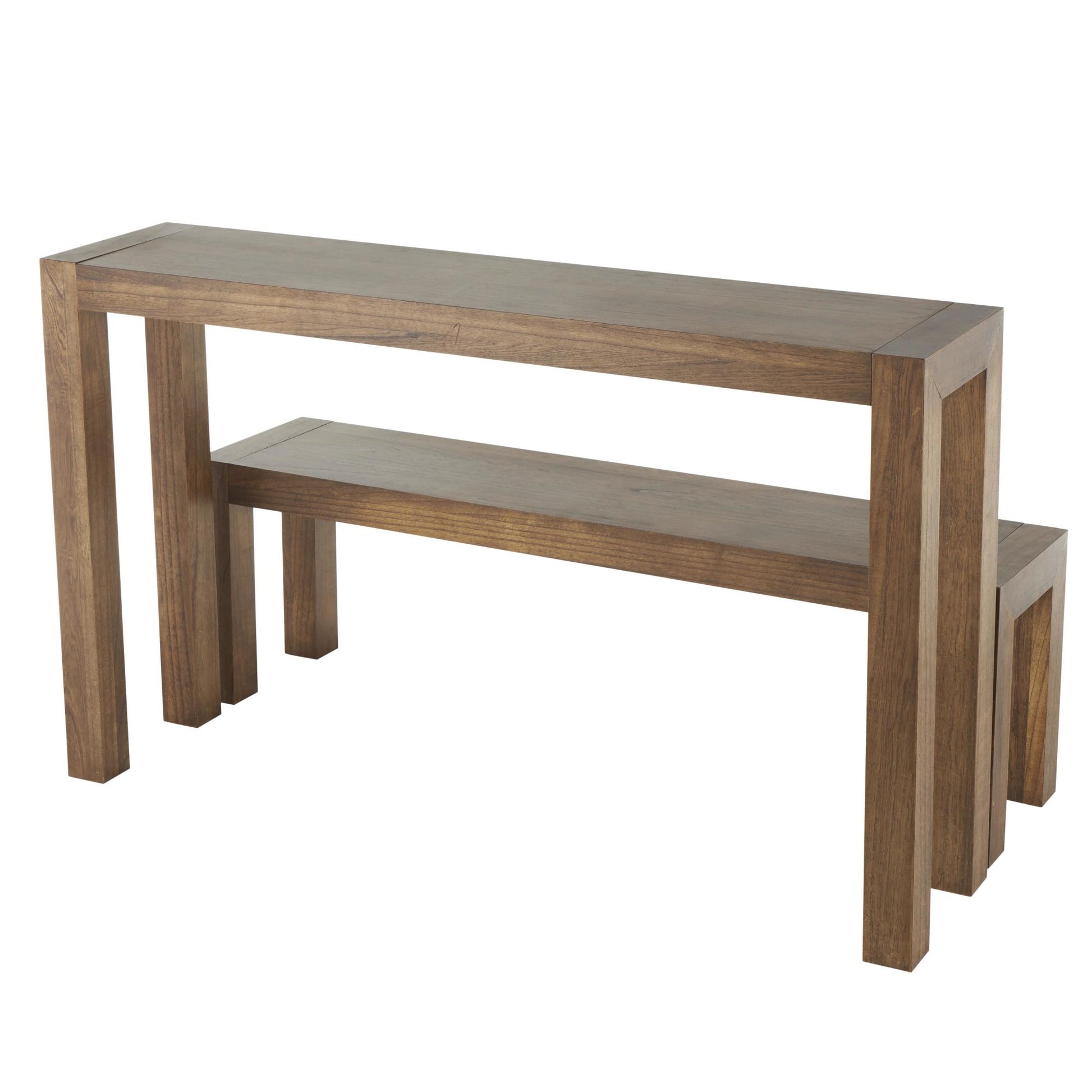 Set of 2 Brown Wood Rectangular Living Room Console Table with Bench