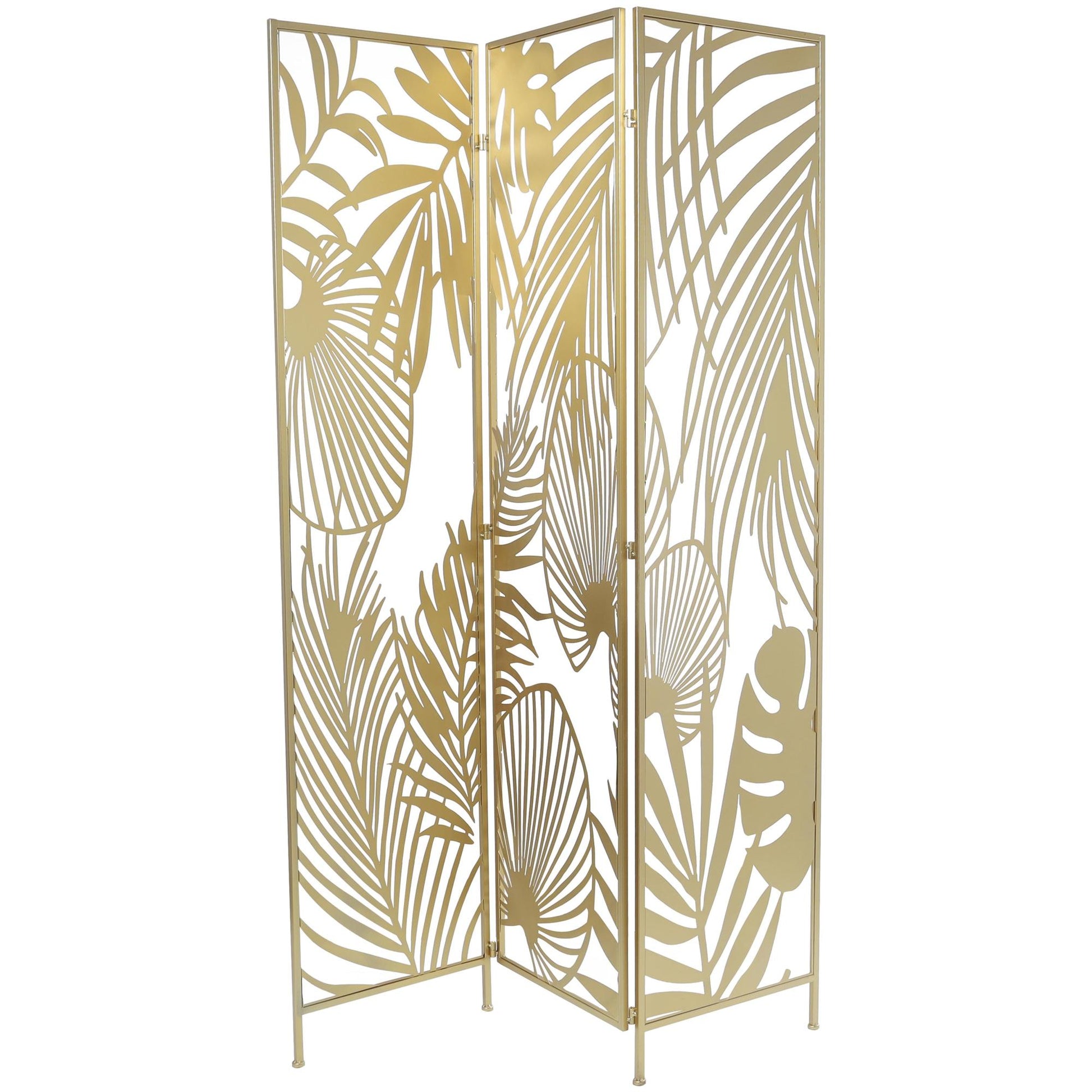 Leaf Gold Metal Foldable Partition Cutout Palm Leaf 3 Panel Partition Room Divider Screen