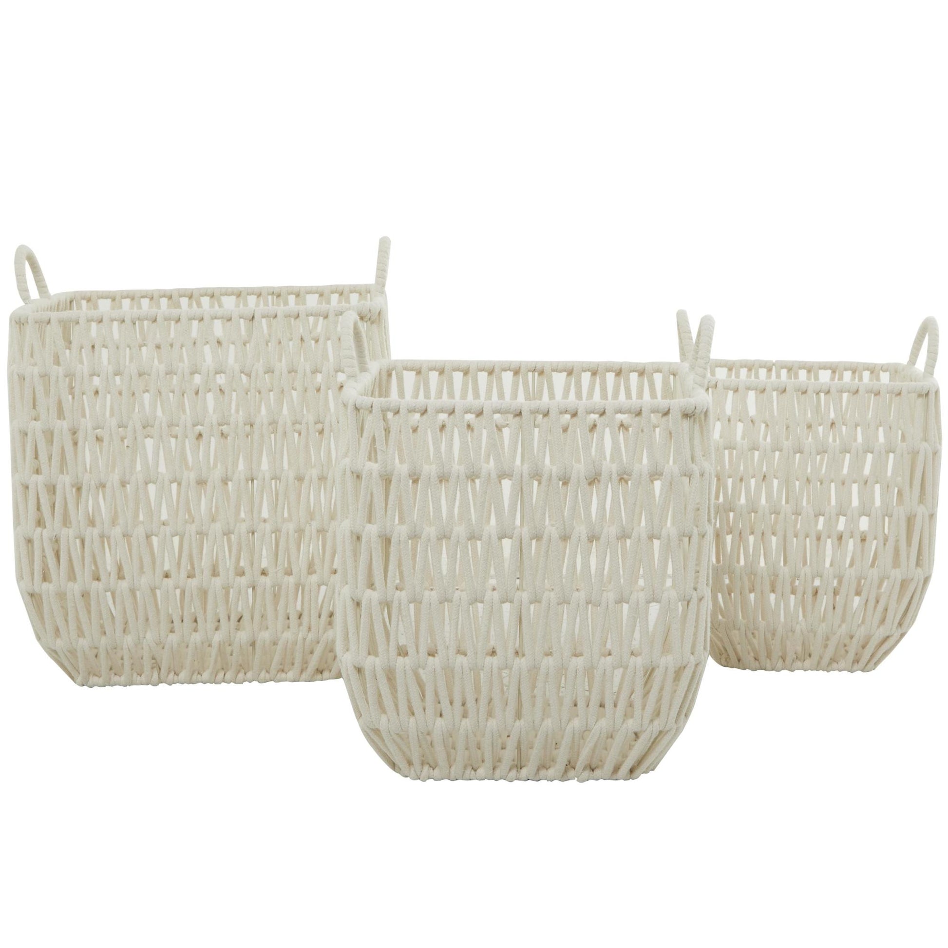 CosmoLiving by Cosmopolitan Set of 3 White Cotton Fabric Handmade Decorative and Functional Storage Basket with Handles