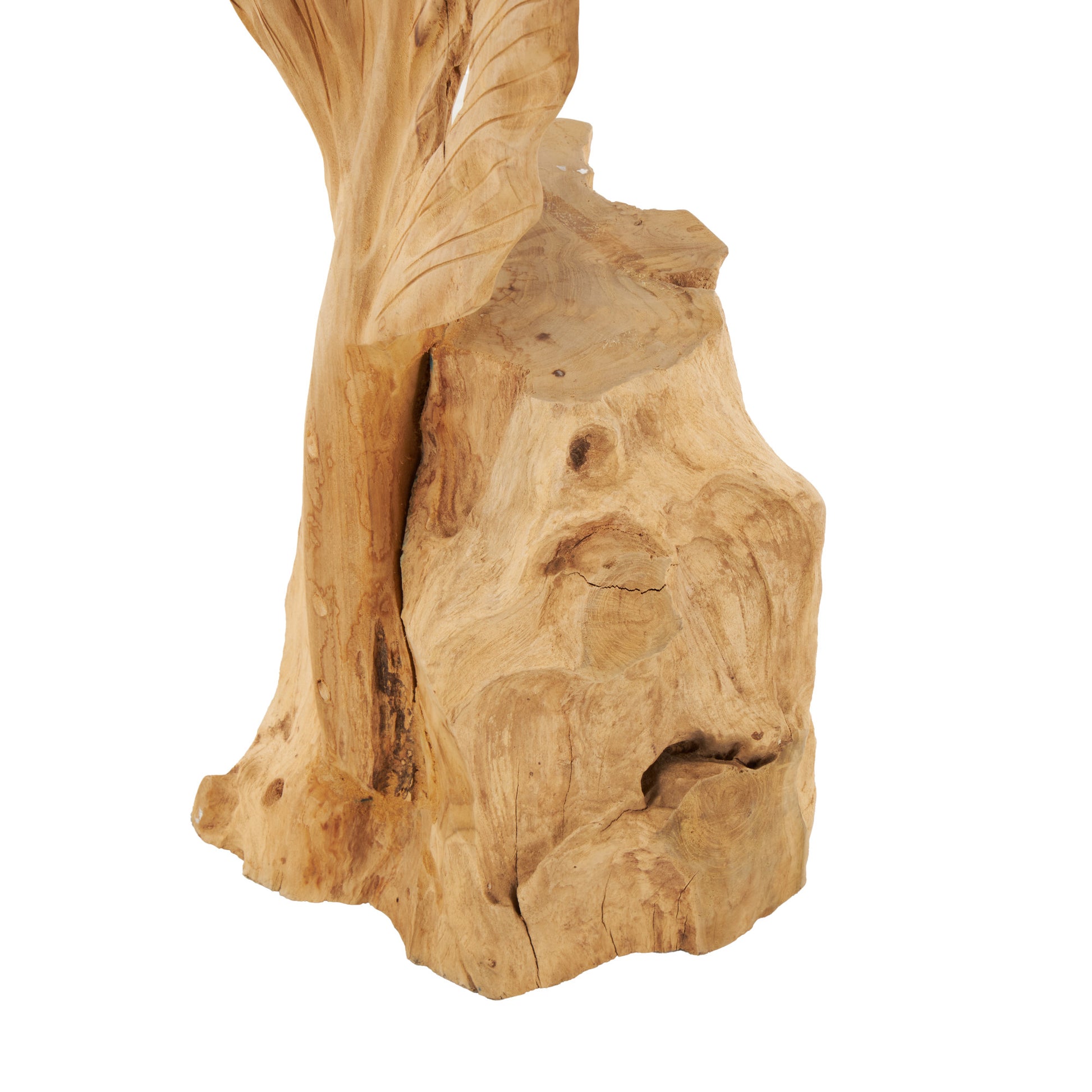 Leaf Brown Teak Wood Live Edge Floor Decorative Sculpture with Tree Stump Base