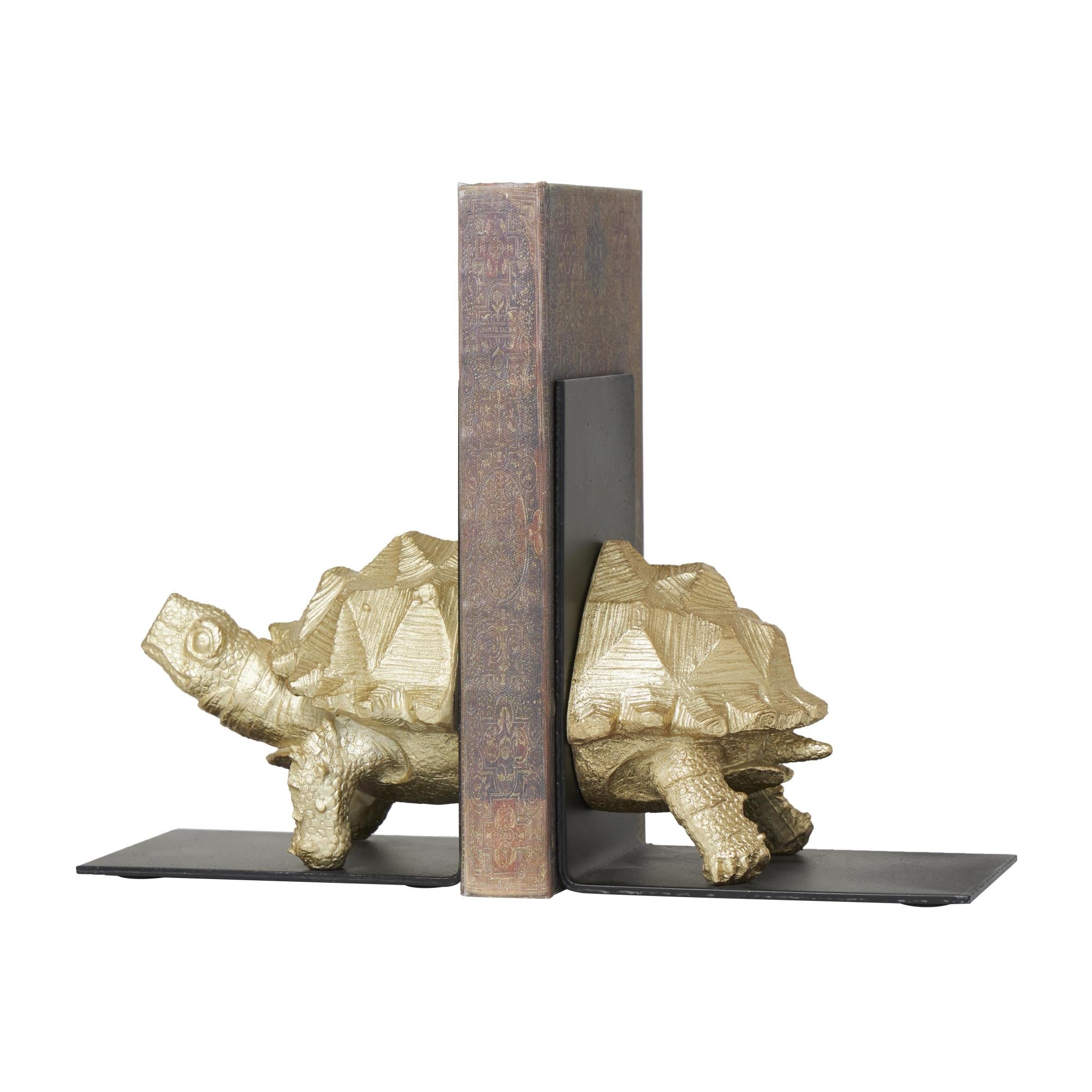 CosmoLiving by Cosmopolitan Set of 2 Turtle Brass Polystone Decorative Bookends with Black Stands