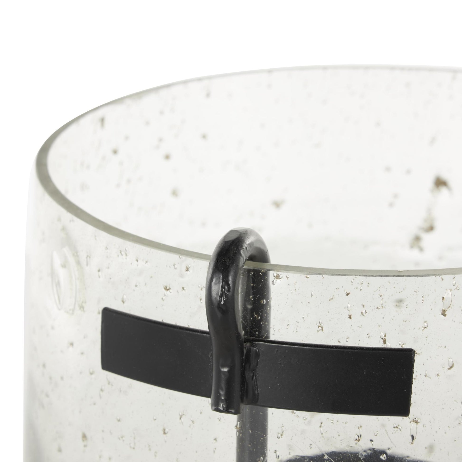Clear Glass Decorative Candle Holder with Black Metal Accents and Brown Speckles