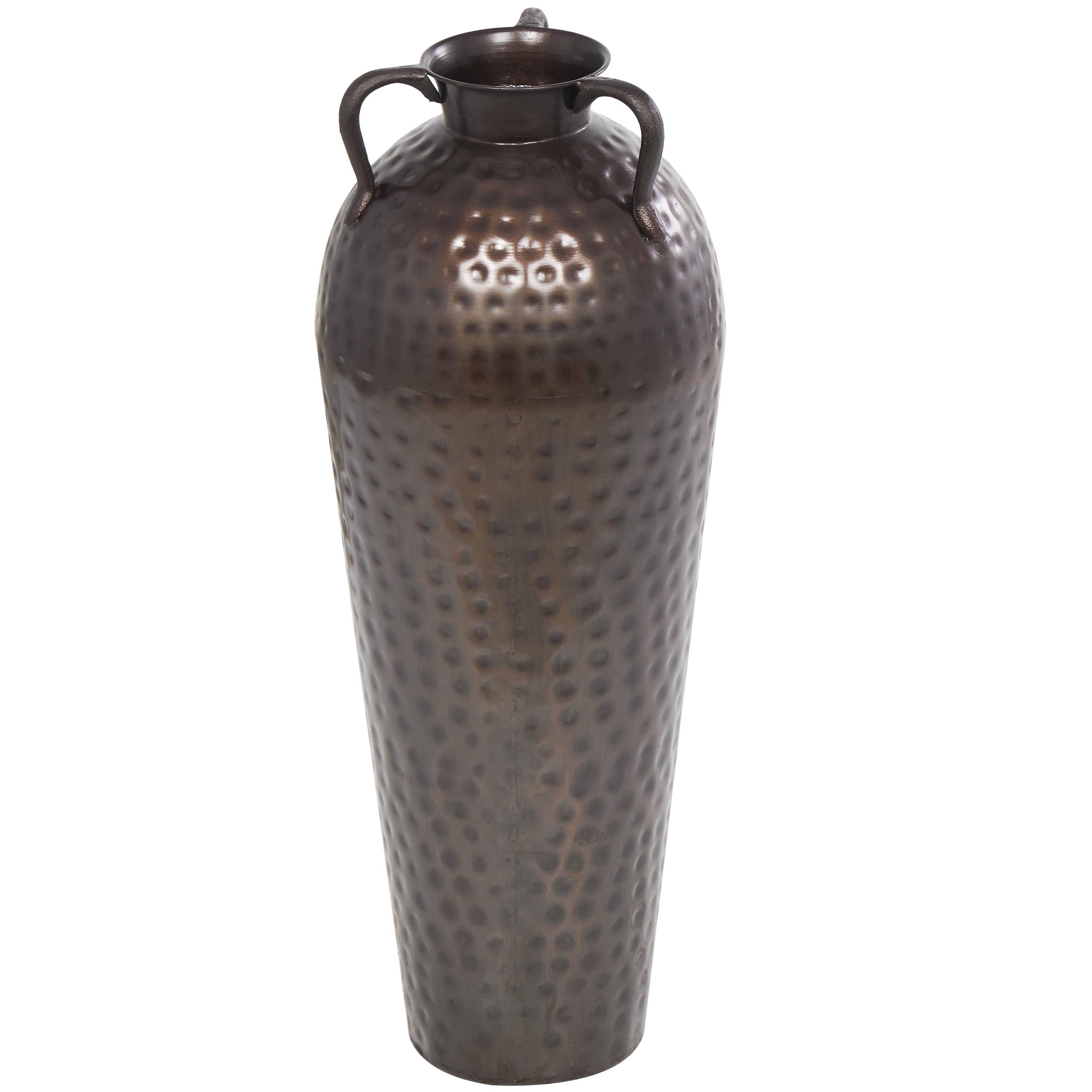 Brown Metal Tall Floor Mediterranean Style Decorative Vase with Hammered Details and Handles