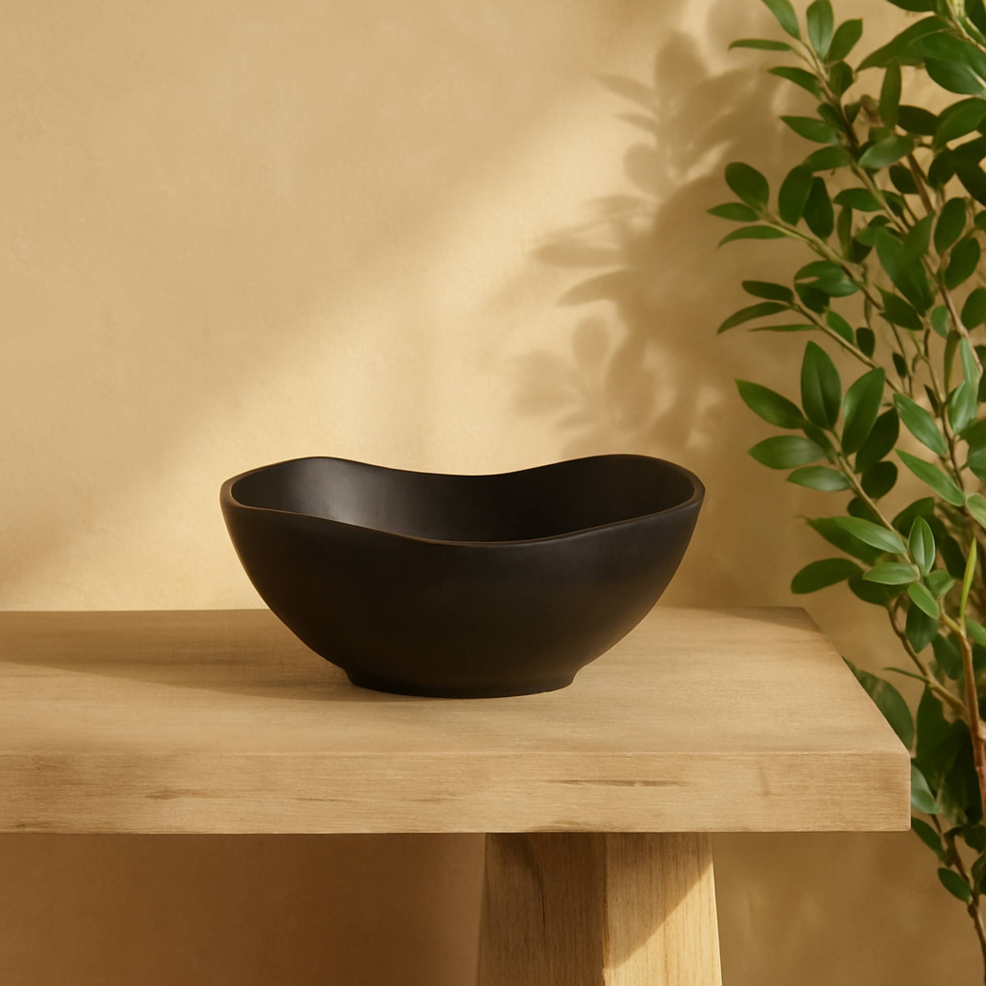 Abstract Black Teak Wood Handmade Large Decorative Bowl with Freeform Edge