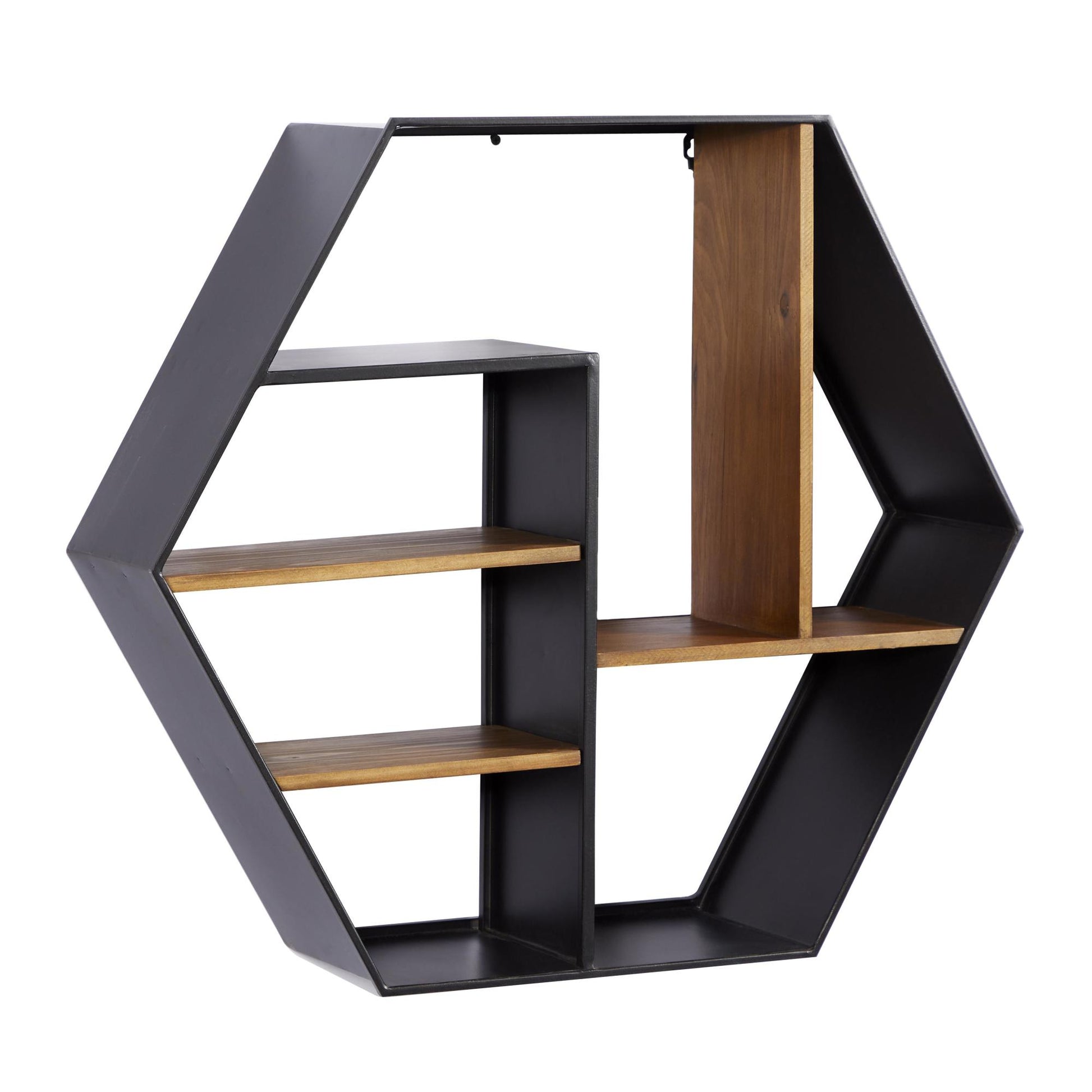 Geometric Black Metal Hexagon 5 Shelf Room Wall Shelf with Wooden Accents