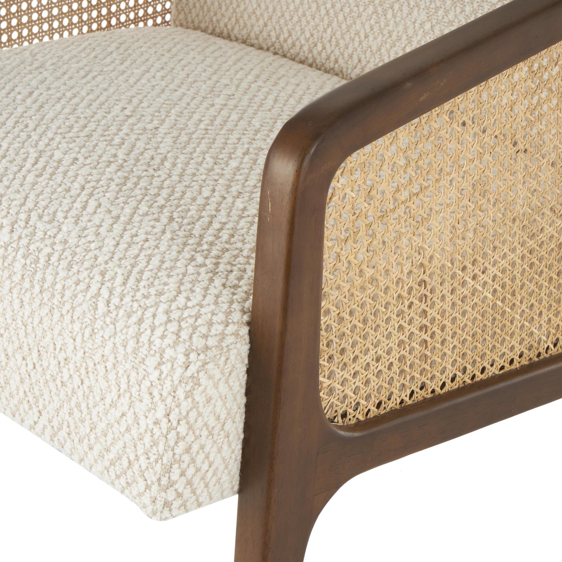 Cream Wood Upholstered Boucle Living Room Accent Chair with Brown Wooden Frame and Rattan Cane Panels