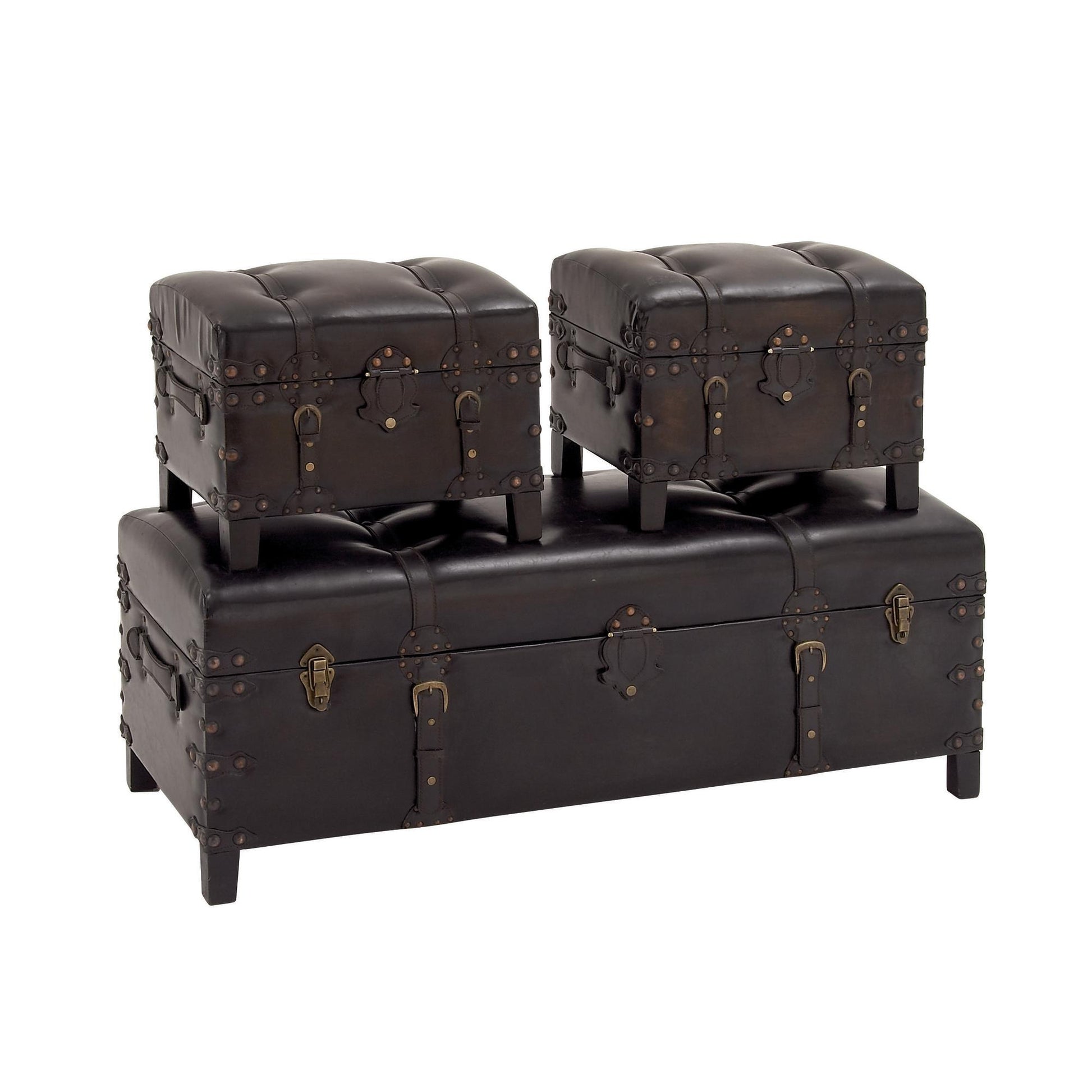 Set of 3 Brown Faux Leather Vintage Room Storage Bench with Faux Leather Buckle Straps and Stud Details