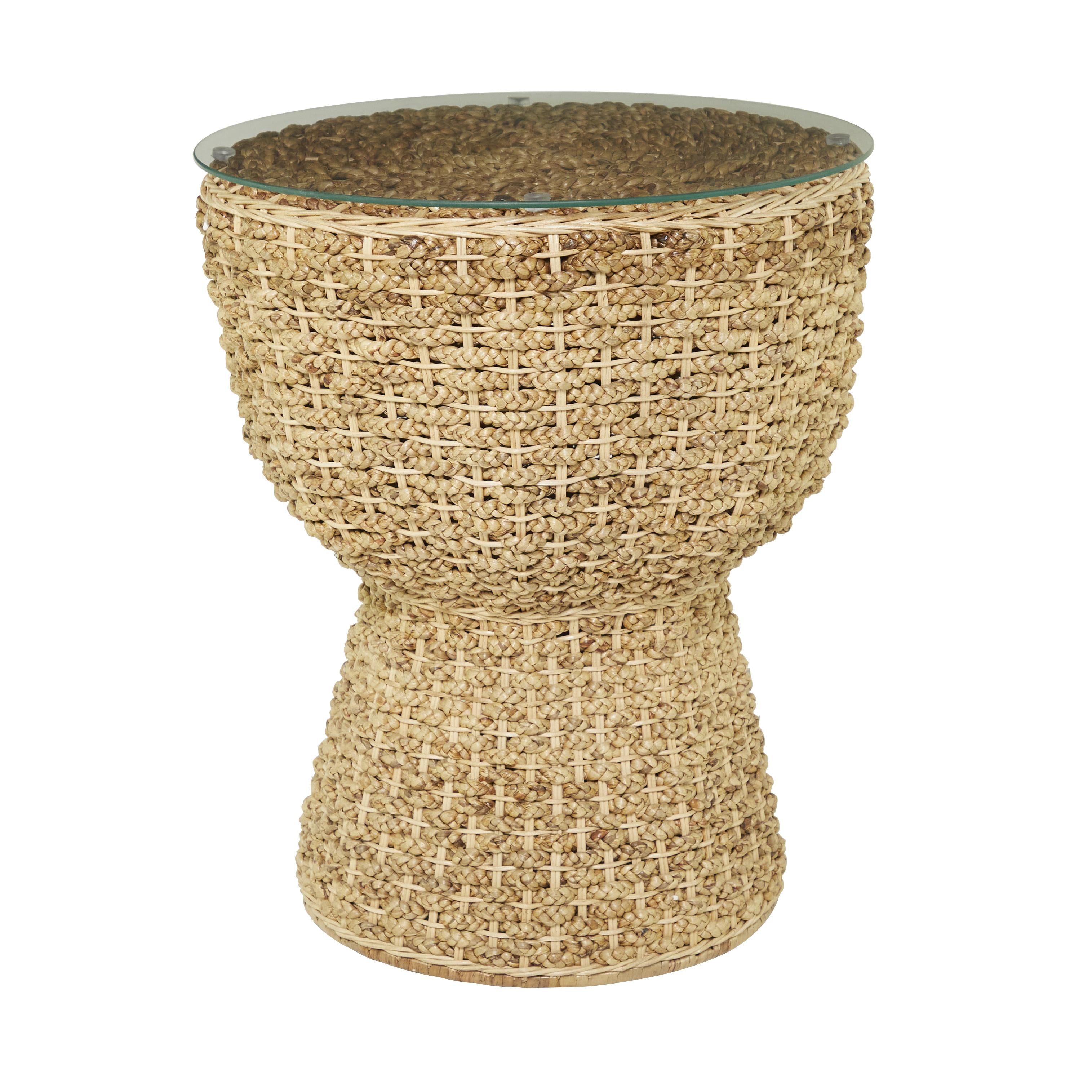 Brown Seagrass Handmade Woven Side End Accent Table with Glass Top