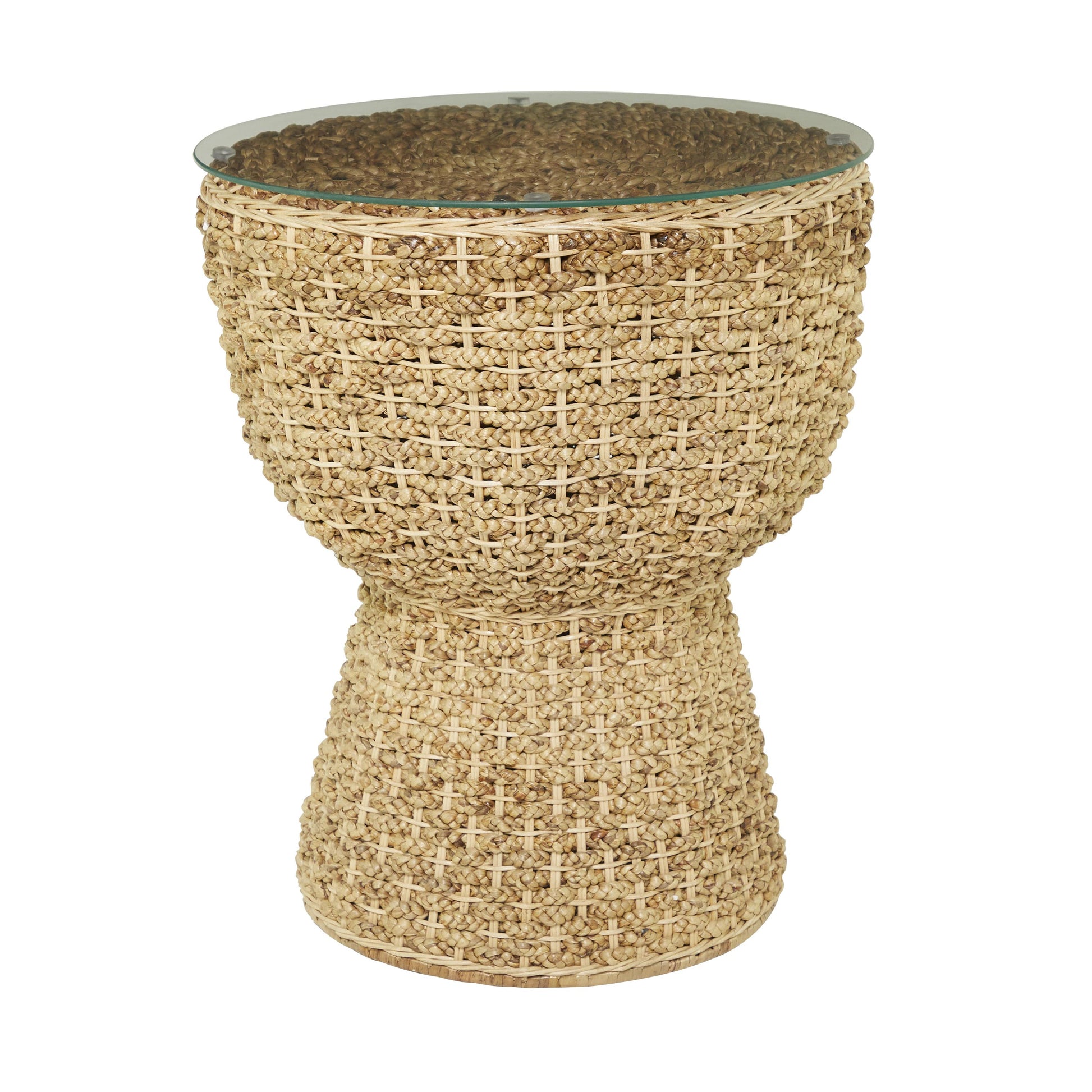 Brown Seagrass Handmade Woven Side End Accent Table with Glass Top