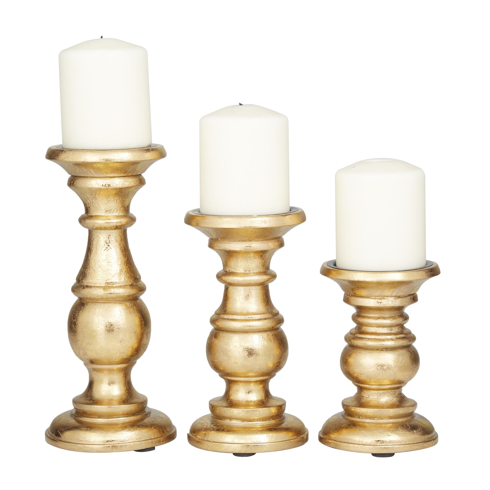 Set of 3 Mango Wood Distressed Turned Pillar Decorative Candle Holder