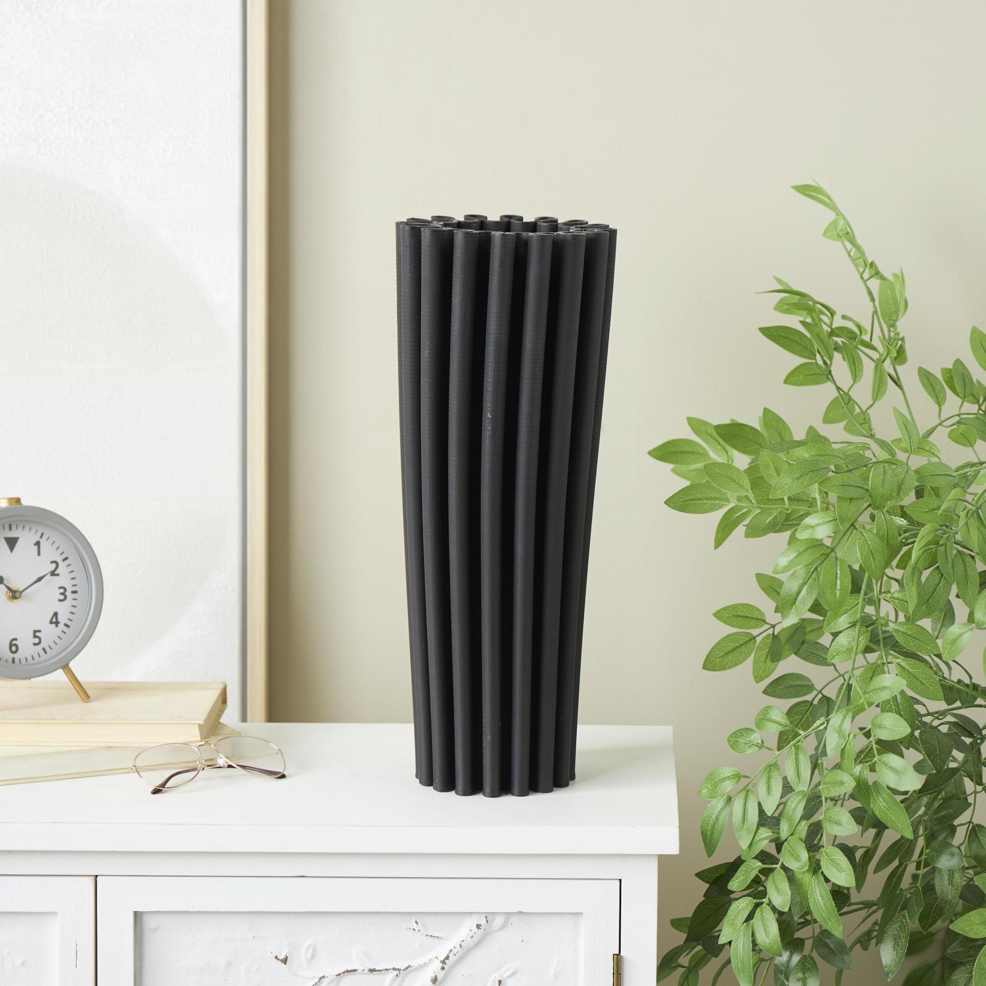 Abstract Black Ceramic Dimensional Ribbed Decorative Vase with Cylindrical Ridges