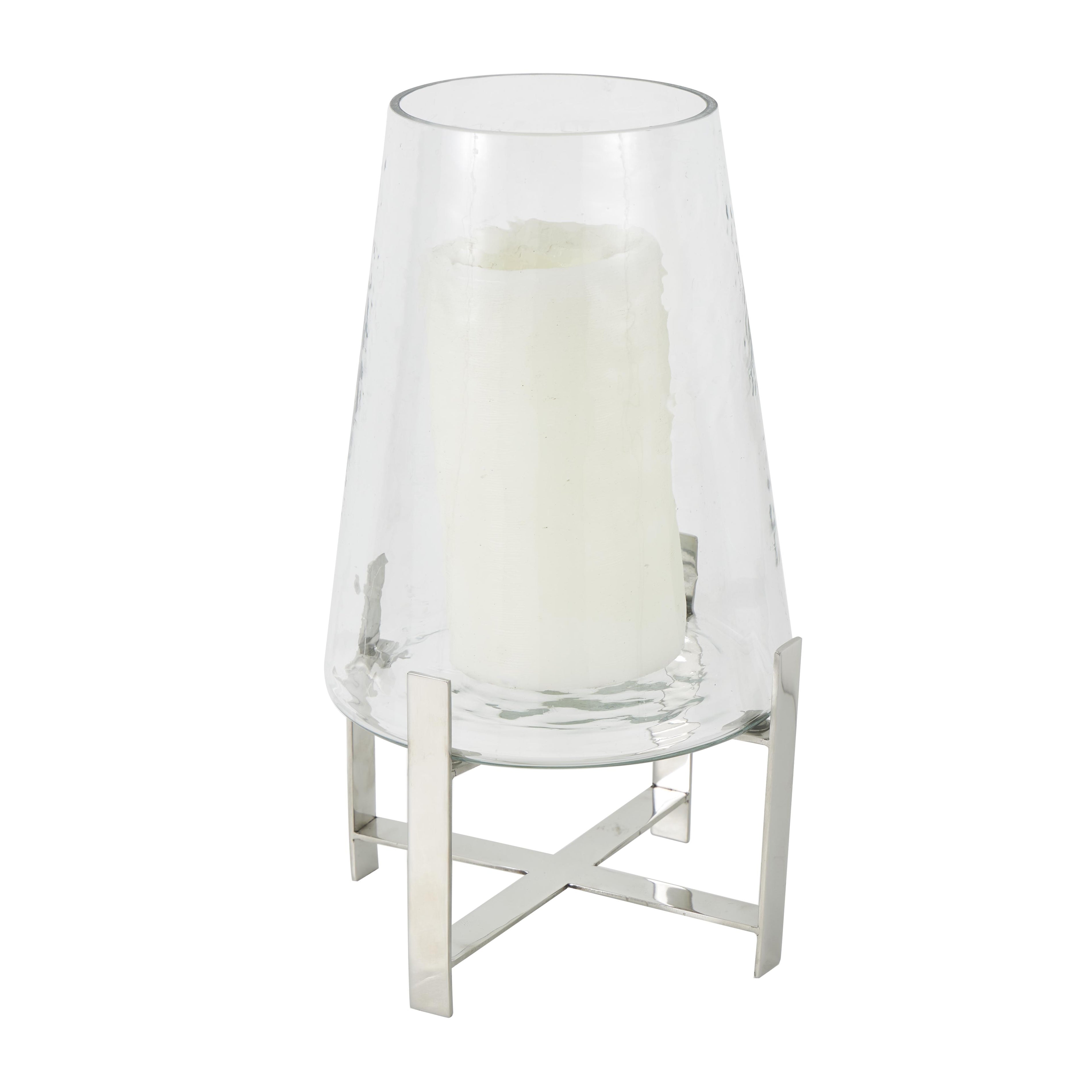 Clear Stainless Steel Metal Room Hurricane Lamp with Stainless Steel X Shaped Base