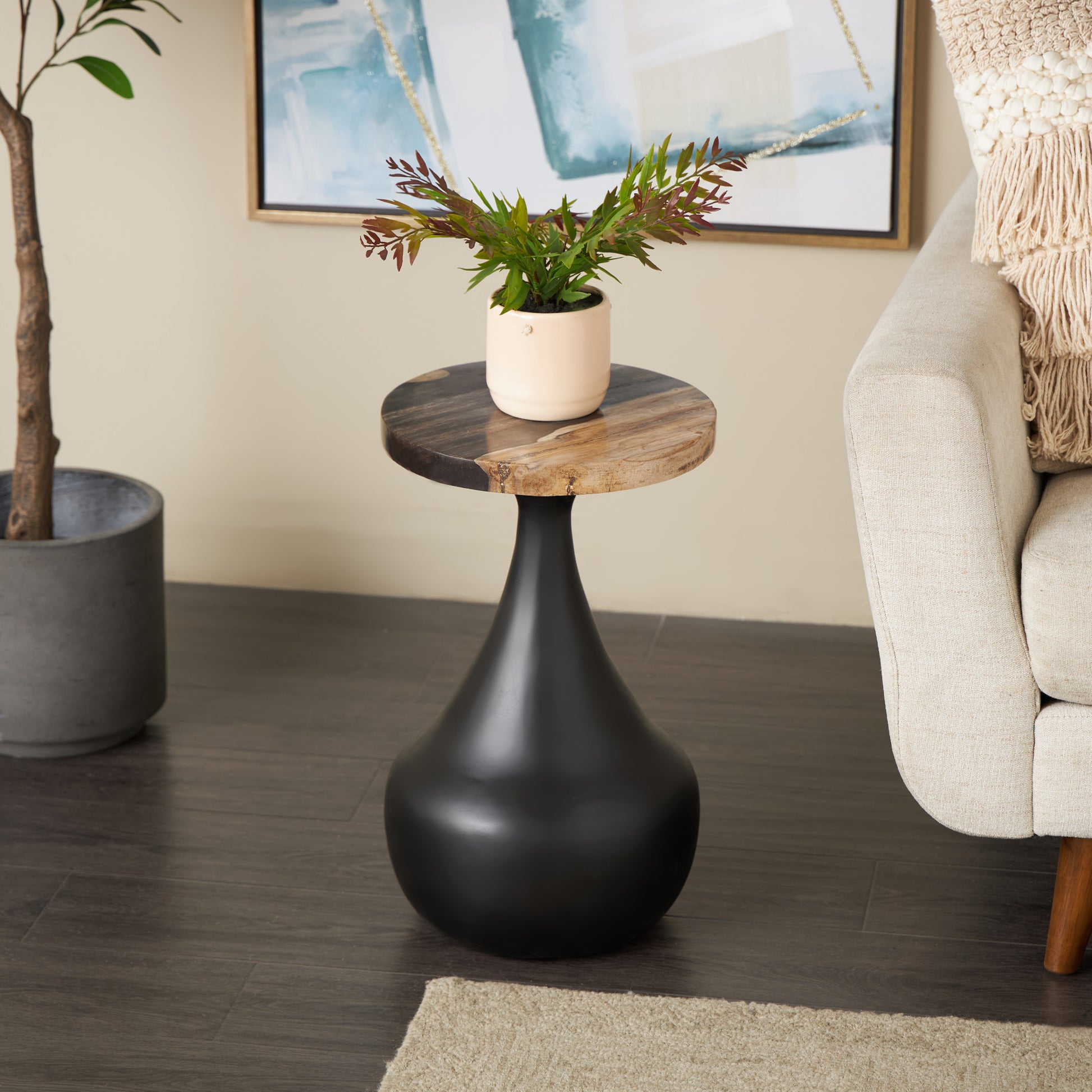Black Teak Wood Handmade Fluted Side End Accent Table with Brown Tabletop