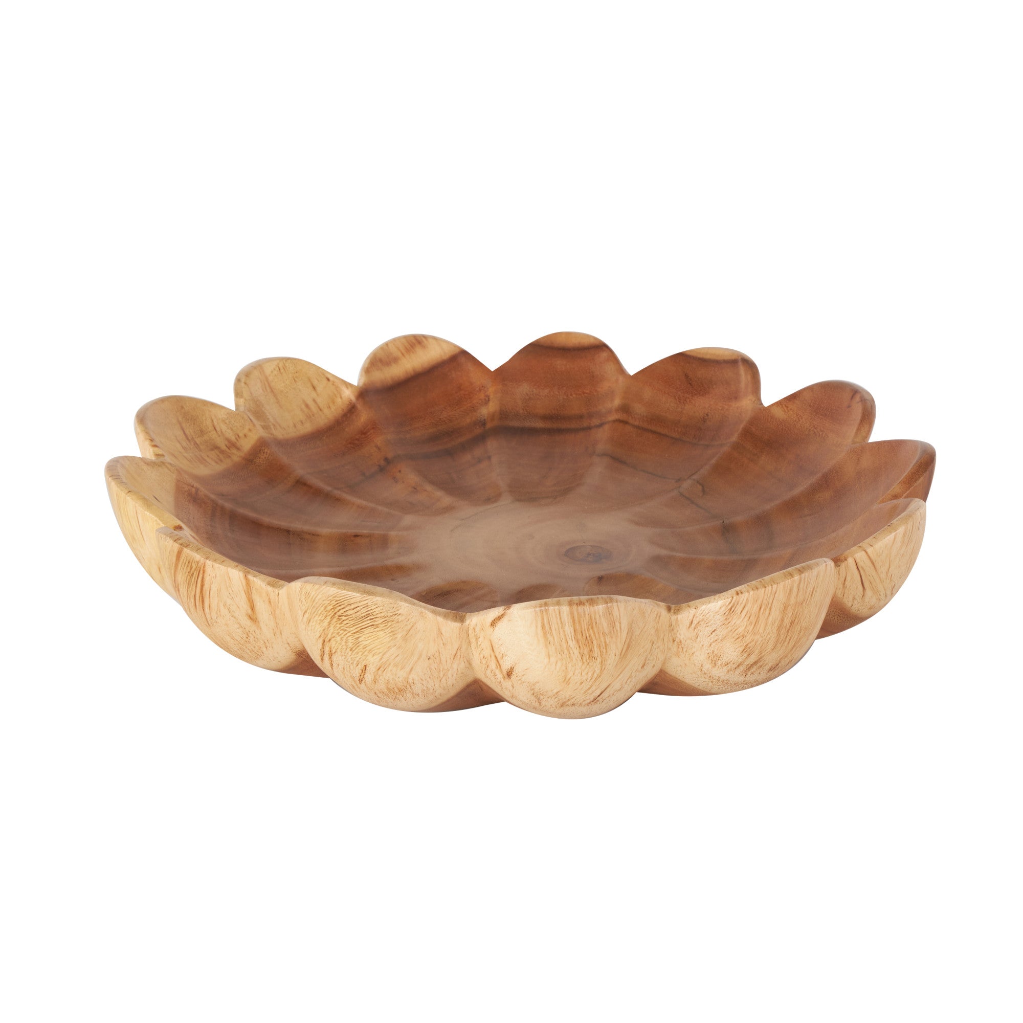 Floral Brown Teak Wood Handmade Large Decorative Bowl with Light Brown Tones