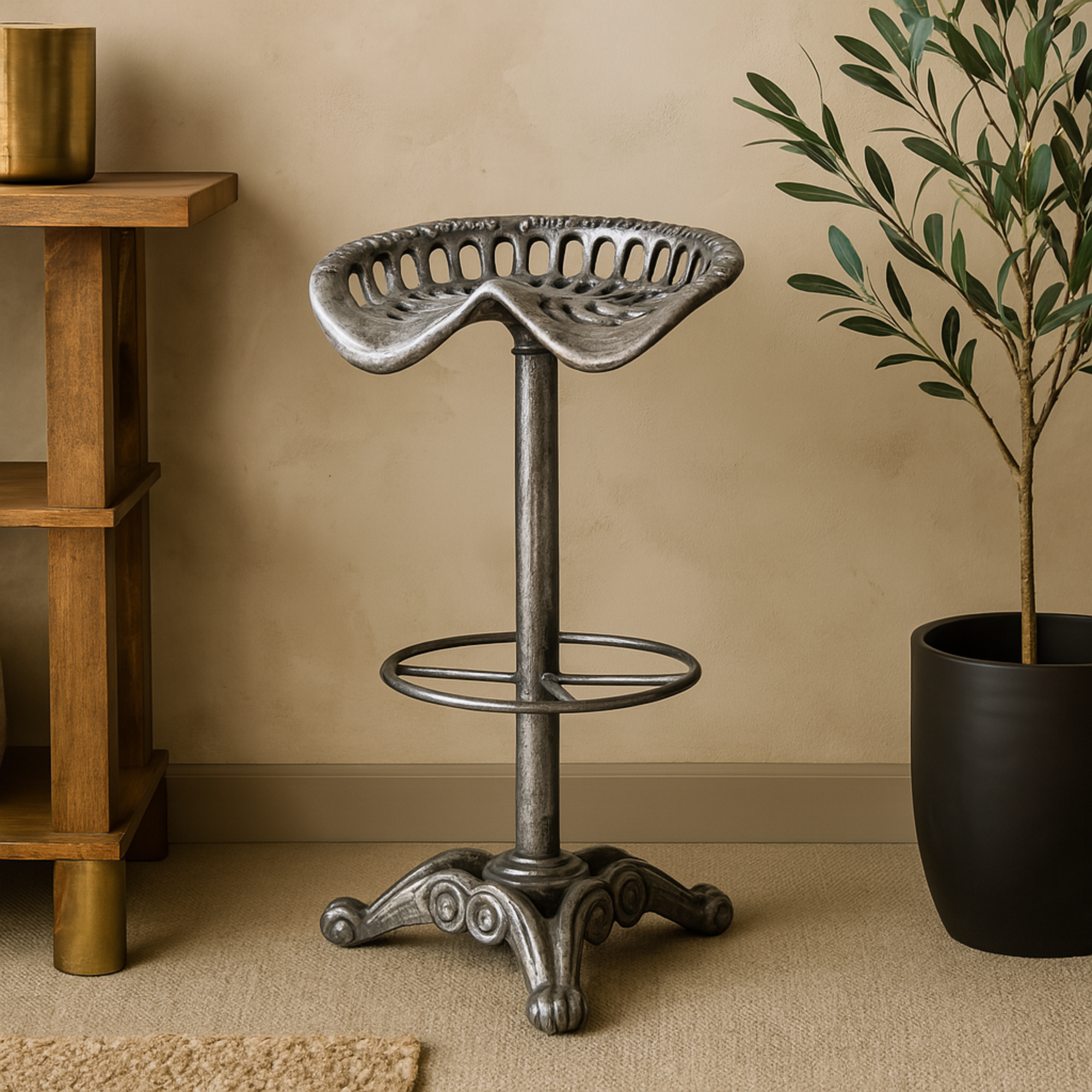 Scroll Gray Metal Weathered Antique Cast Iron Kitchen Bar Stool with Cutout Textured Seat and Footrest
