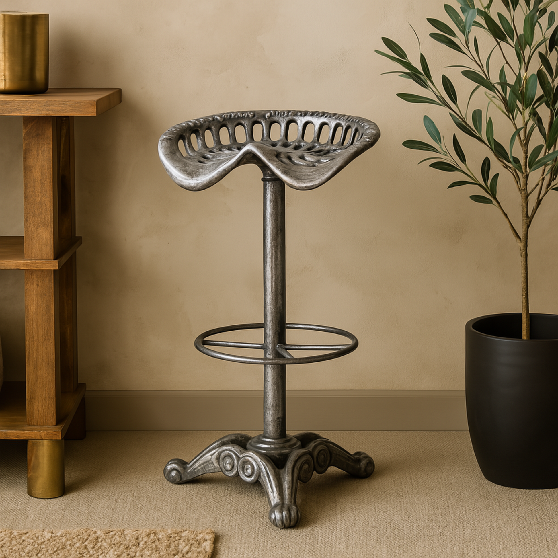 Scroll Gray Metal Weathered Antique Cast Iron Kitchen Bar Stool with Cutout Textured Seat and Footrest