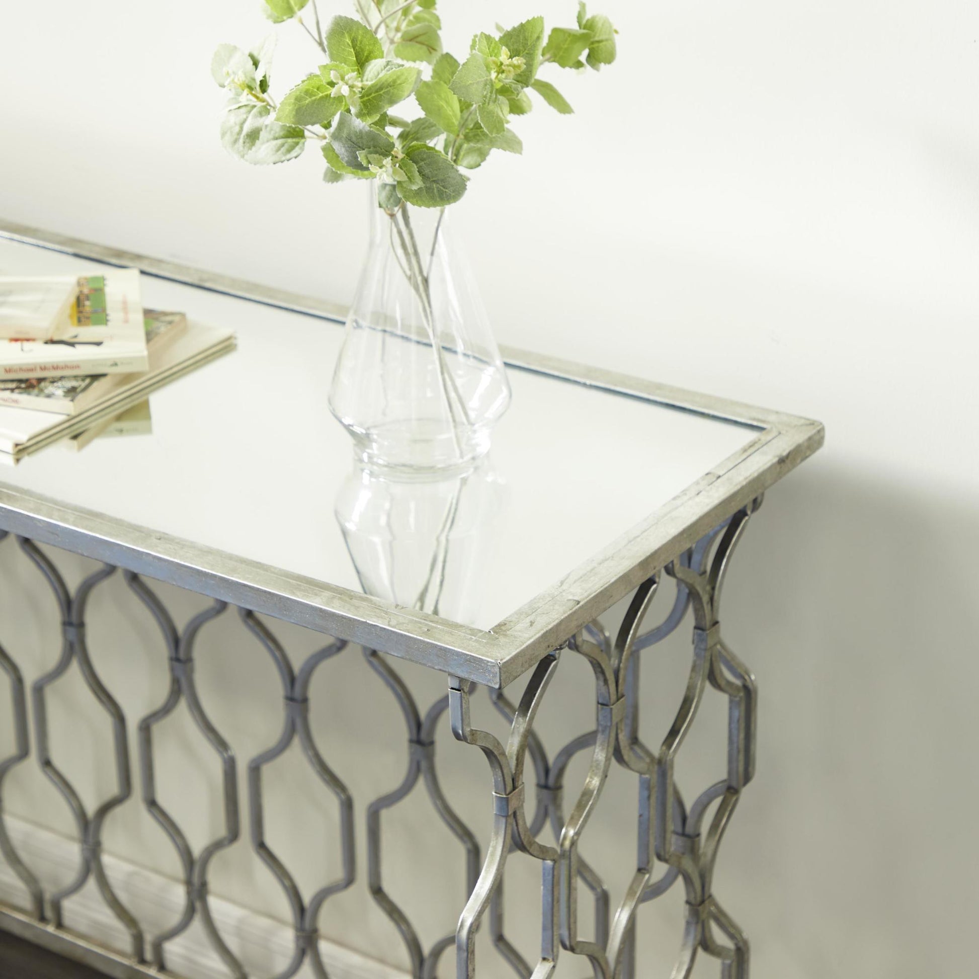 Geometric Silver Metal Rectangular Living Room Console Table with Mirrored Glass Top