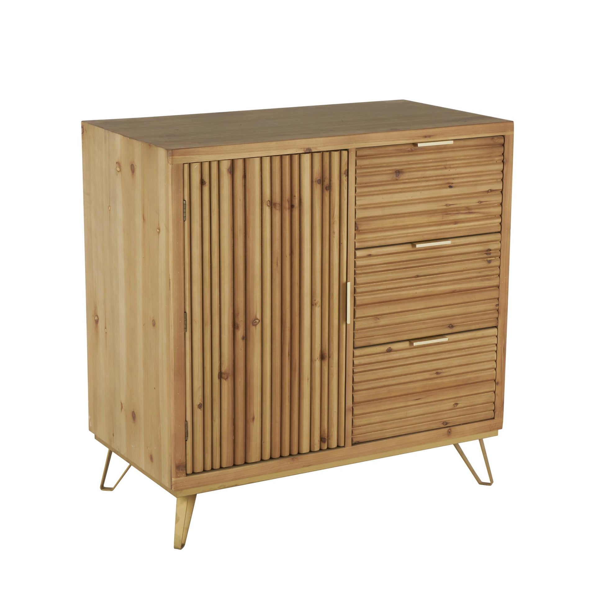 Brown Wooden Ribbed 1 Door and 3 Drawer Room Cabinet with Gold Metal Handles