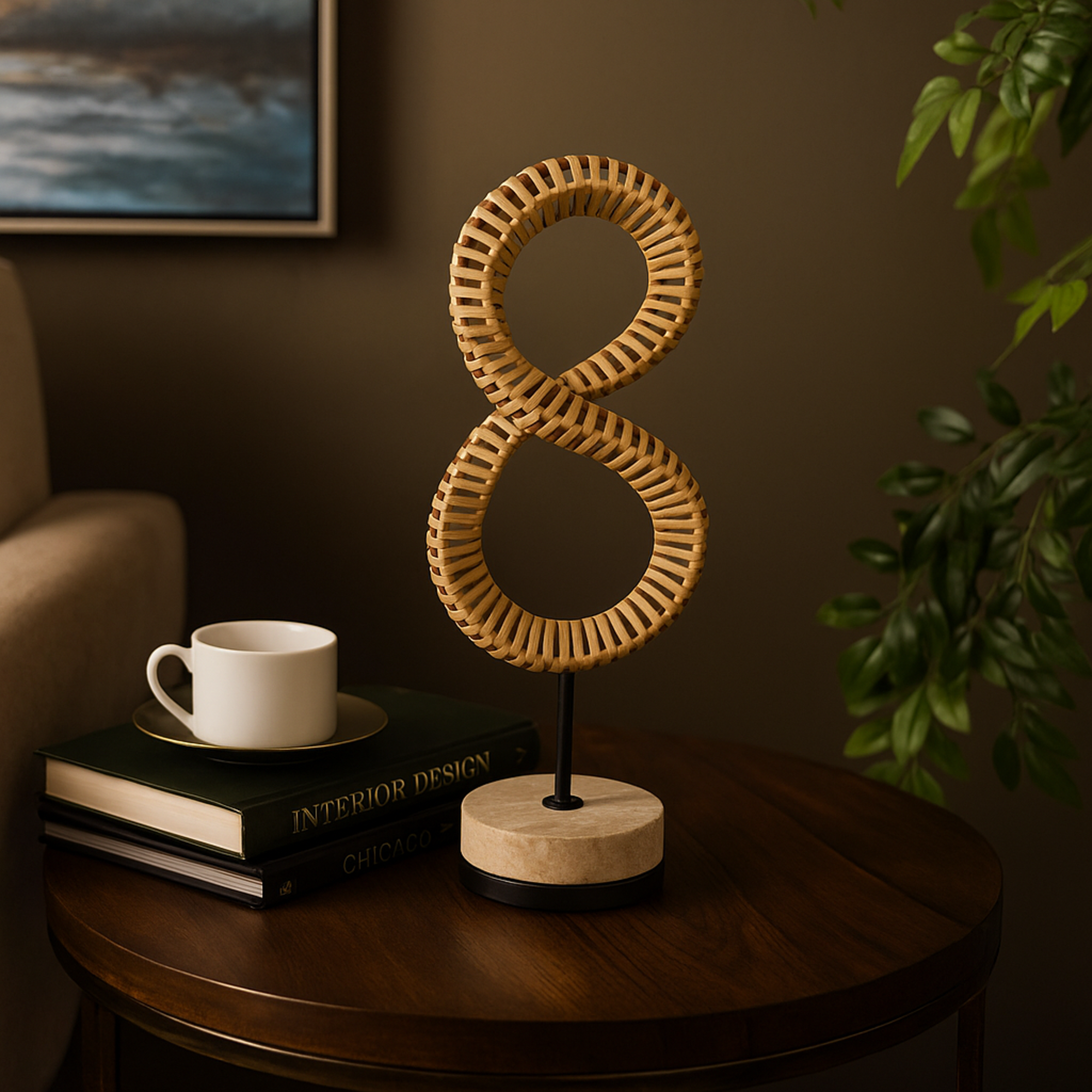 Abstract Brown Rattan Handmade Decorative Sculpture with White Marble Base