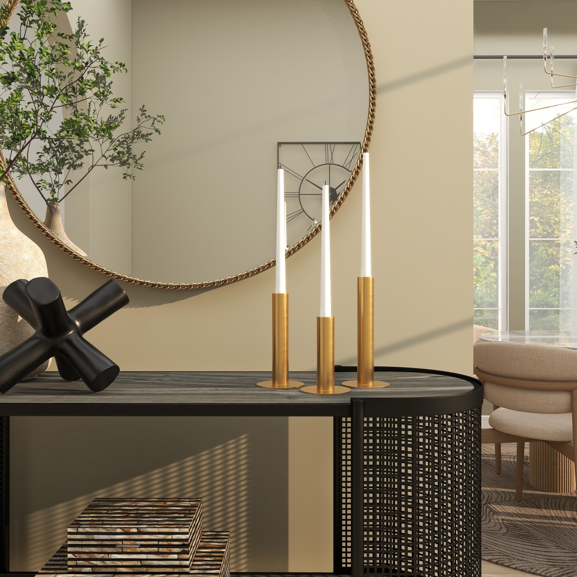 Set of 3 Gold Stainless Steel Metal Slim Decorative Candle Holder with Rounded Bases