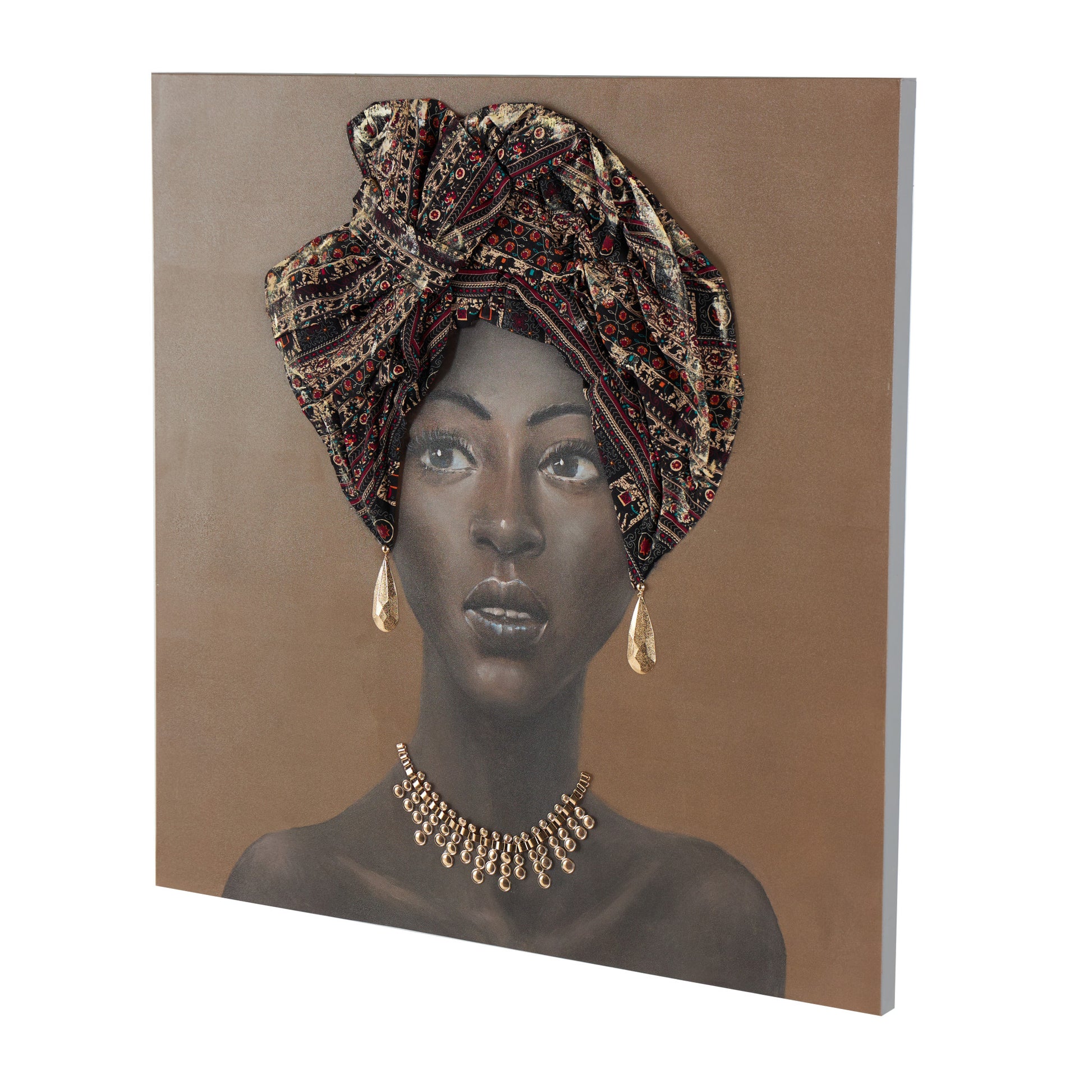 Woman Brown Canvas Decorative Wall Art with 3D Fabric Headwear And Gold Jewels