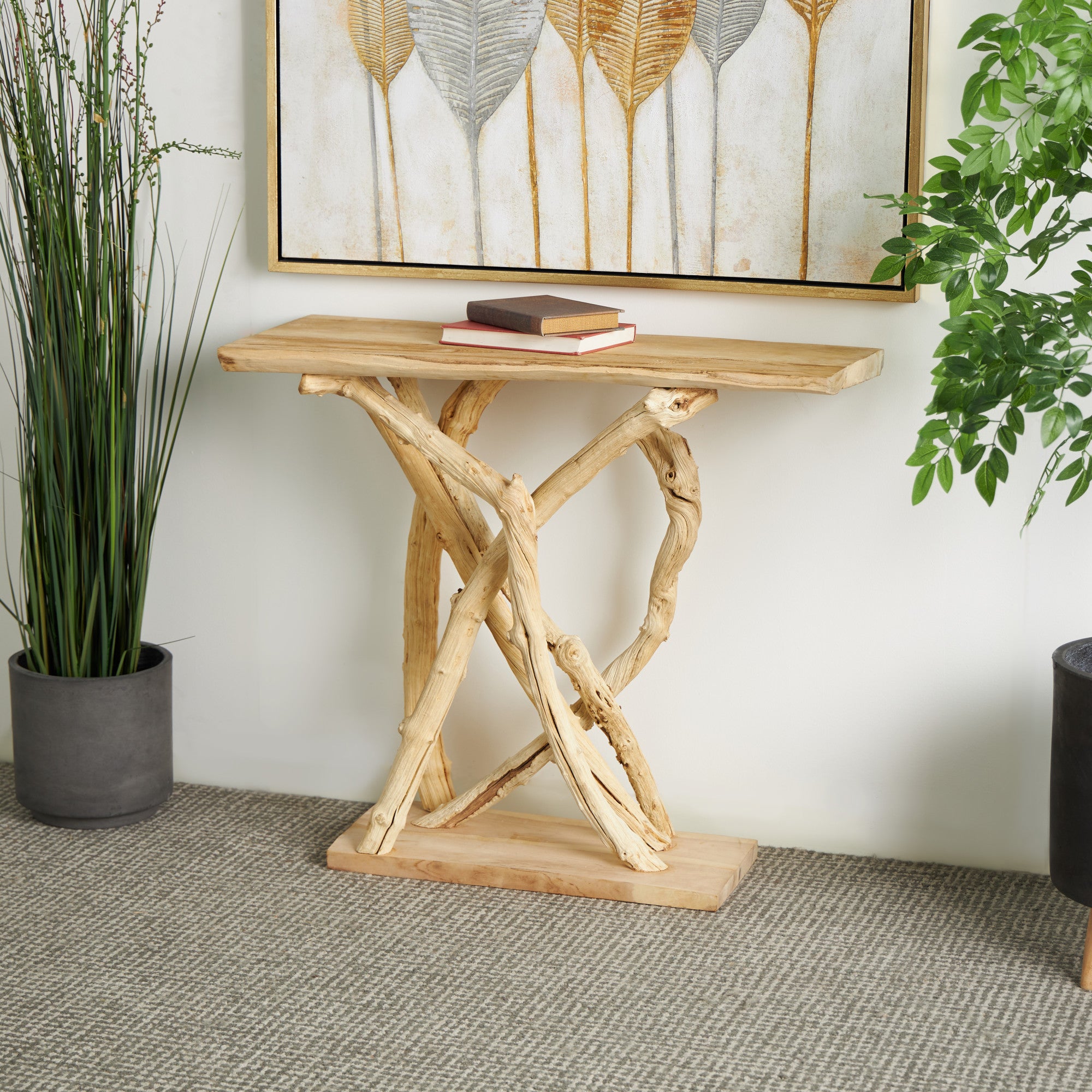 Brown Teak Wood Handmade Small Live Edge Tree Branch Living Room Console Table