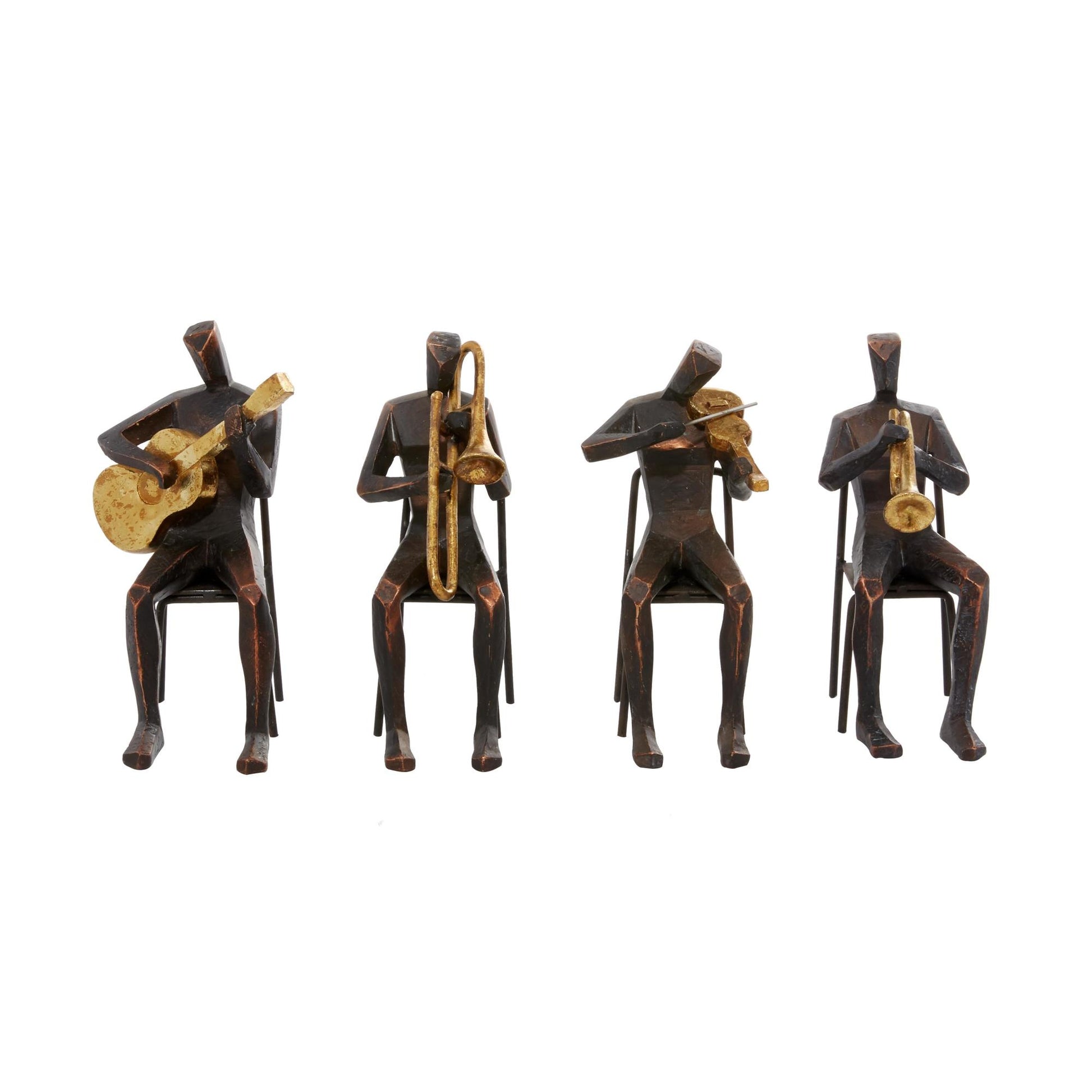 Set of 4 Musician Brown Polystone Decorative Sculpture with Gold Instruments