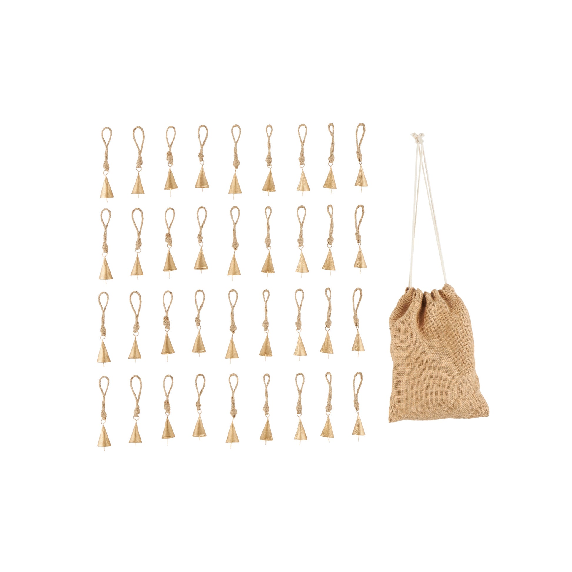 Set of 36 Bell Gold Metal Tibetan Inspired Indoor Outdoor Decorative Bells with Brown Jute Rope and Canvas Tote