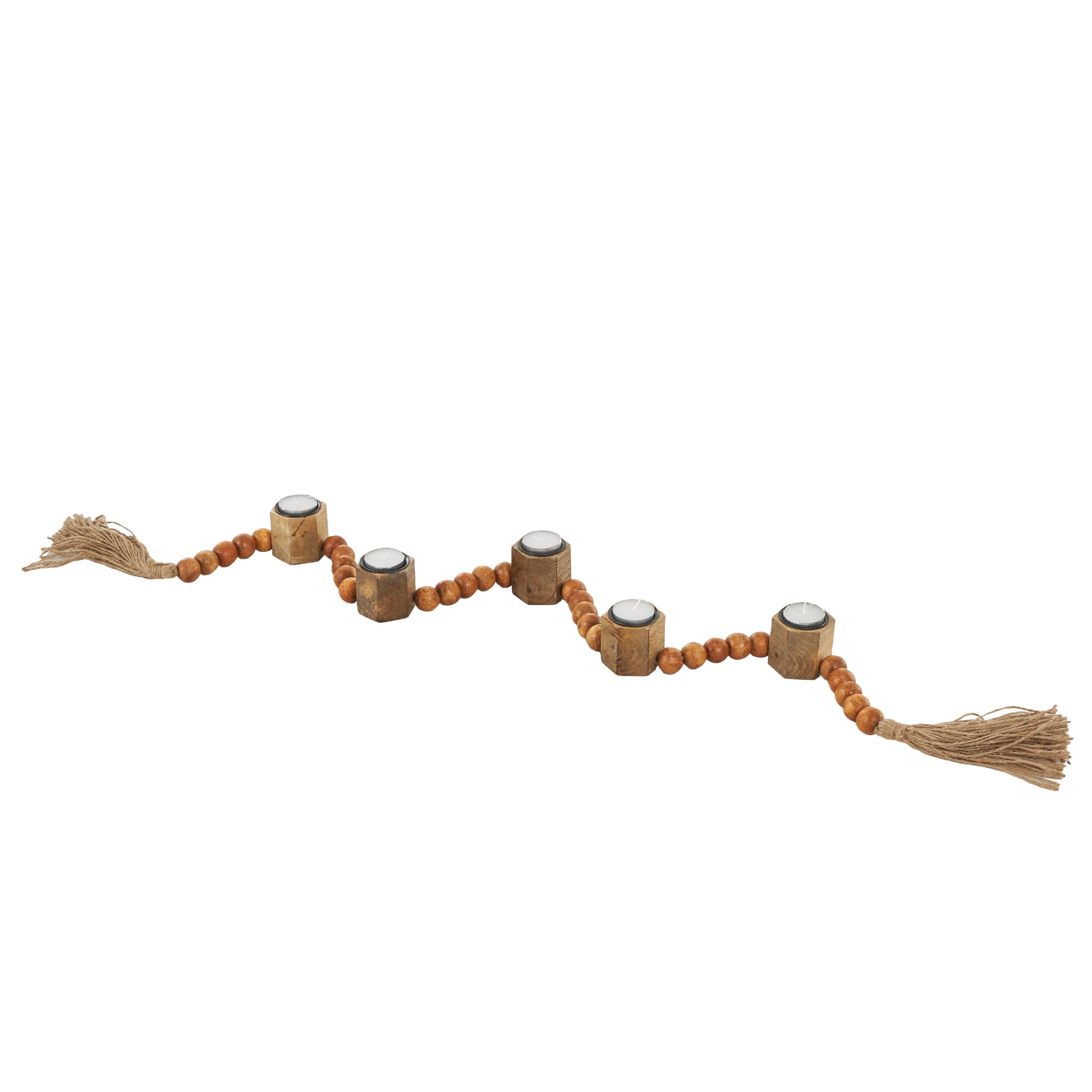 Mango Wood Garland Decorative Candle Holder with Brown Tassel
