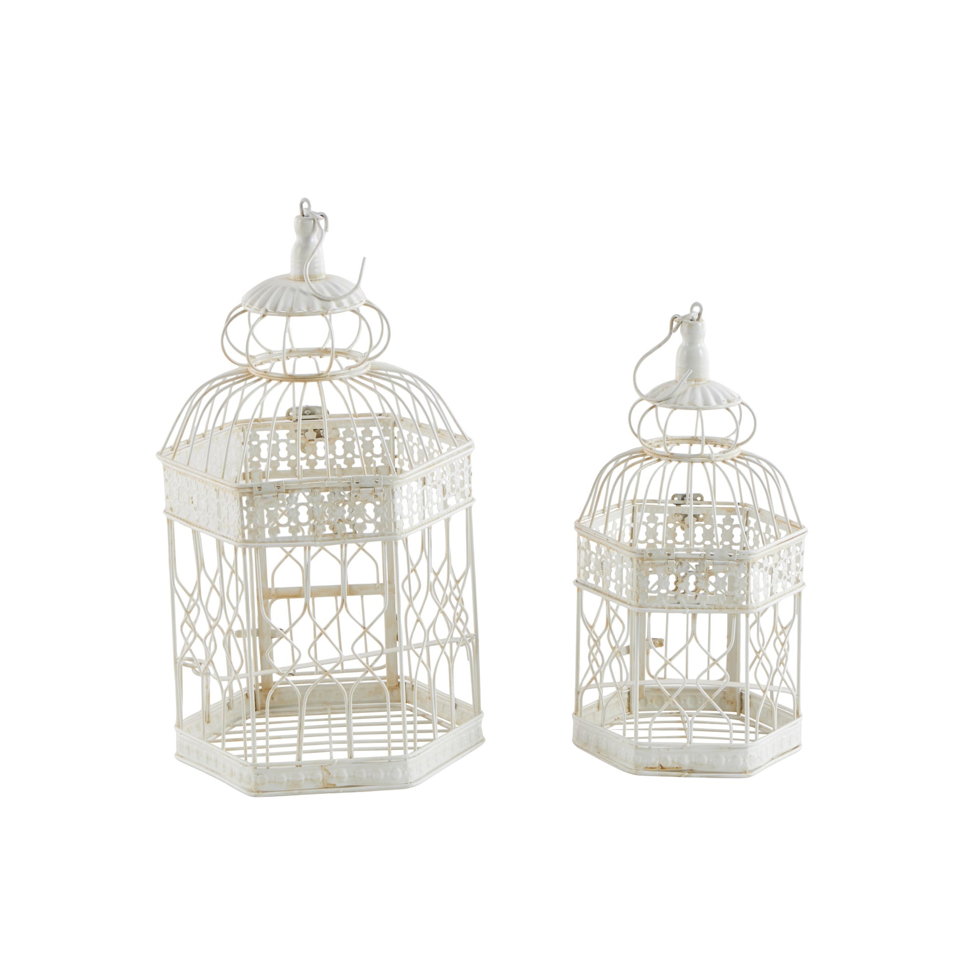 Set of 2 Scroll Cream Metal Distressed Wire Decorative Birdcage with Latch Lock Closure and Hanging Hook