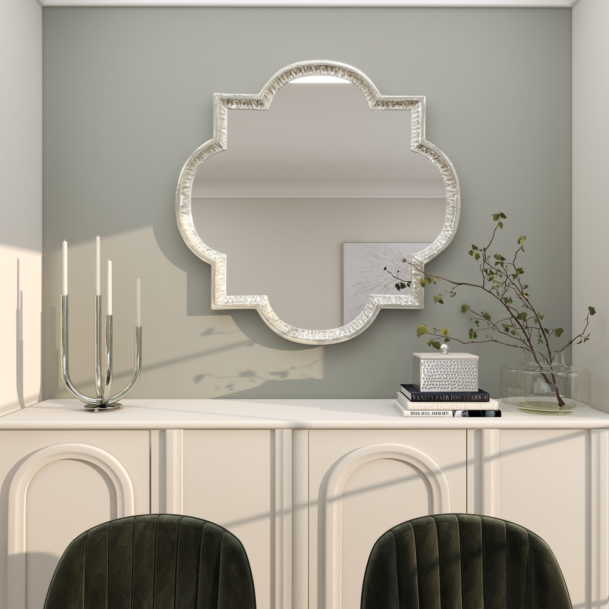 Gray Aluminum Metal Quatrefoil Engraved Room Wall Mirror