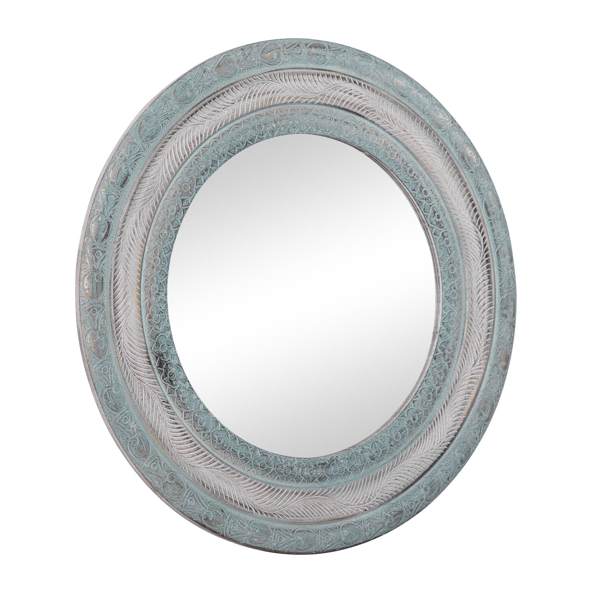 Floral Blue Wooden Distressed Carved Room Wall Mirror with Gold and Beige Accents