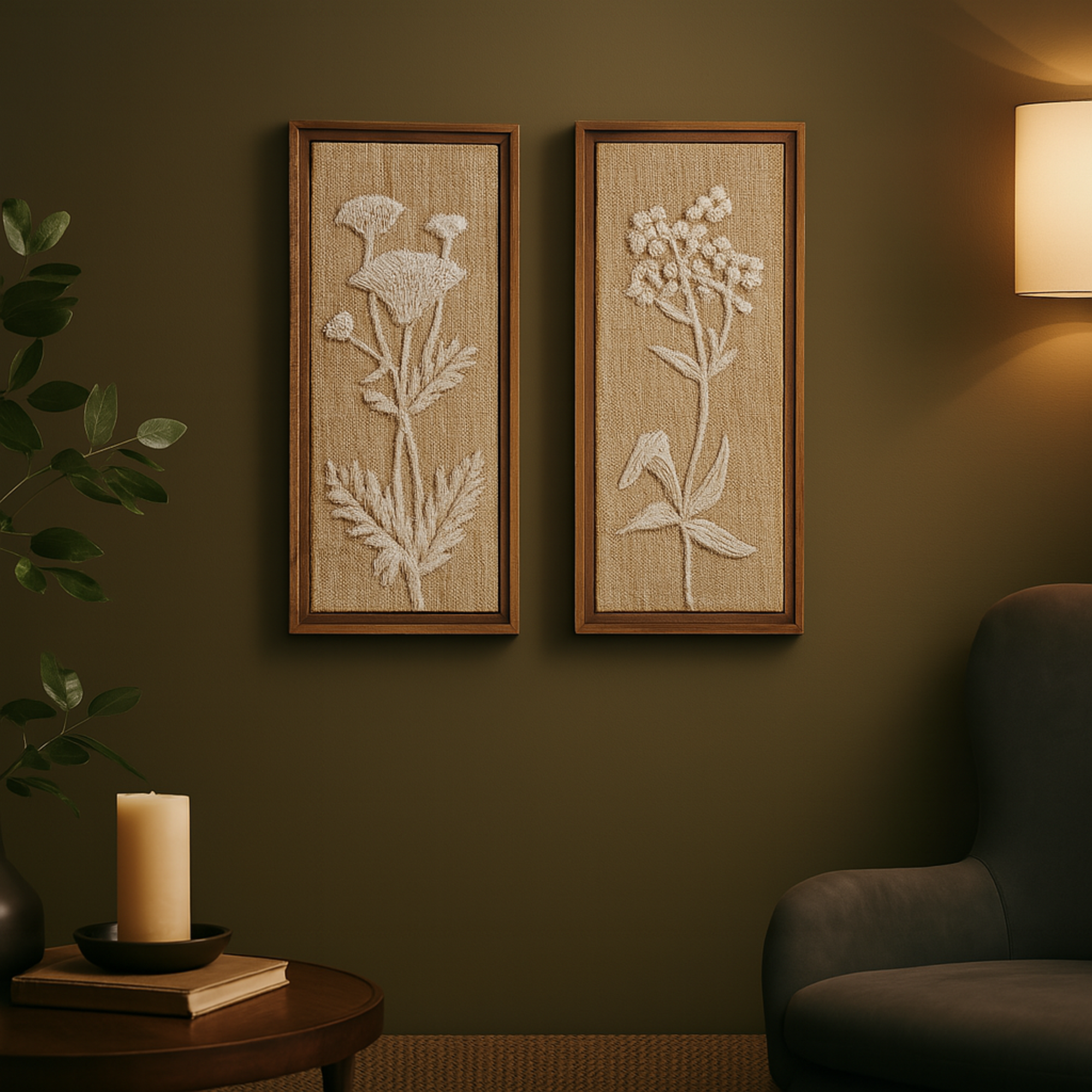 Set of 2 Floral Cream Wood Textured Living Room Framed Wall Art with White Painted Accents
