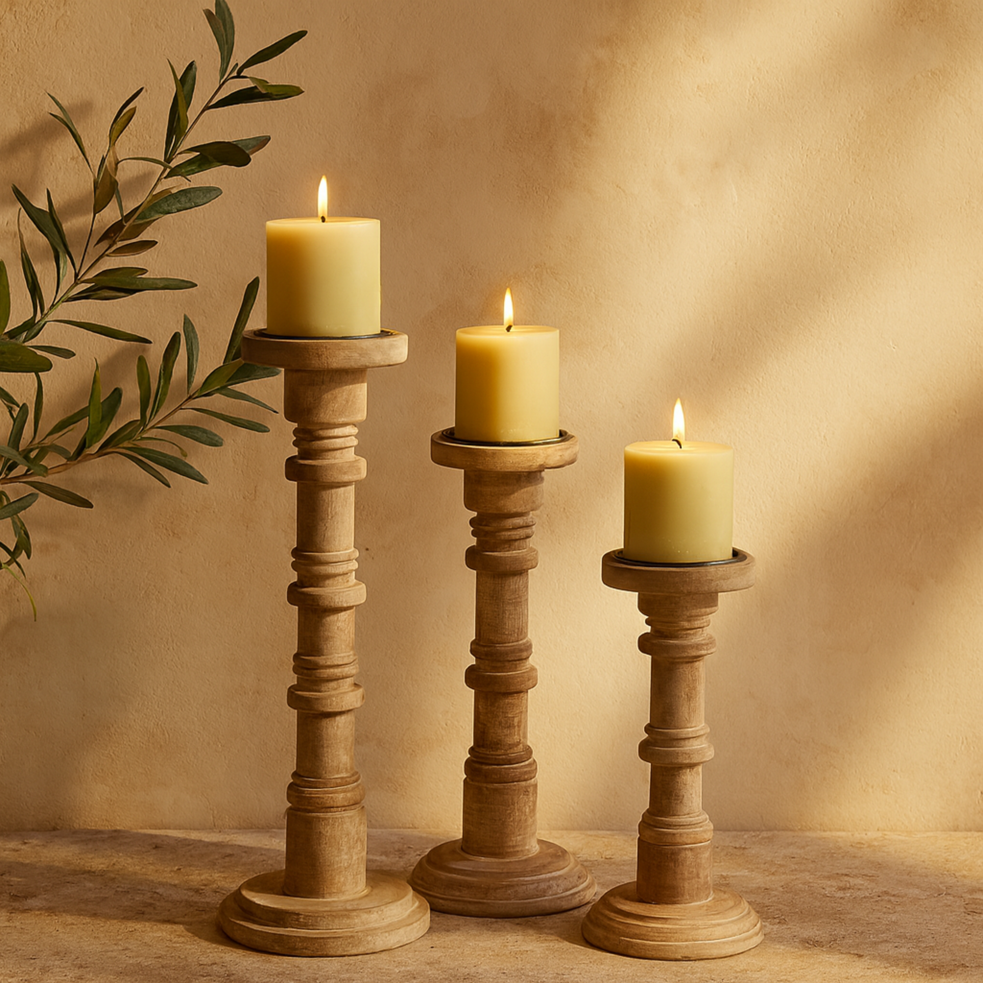 Set of 3 Brown Mango Wood Decorative Candle Holder