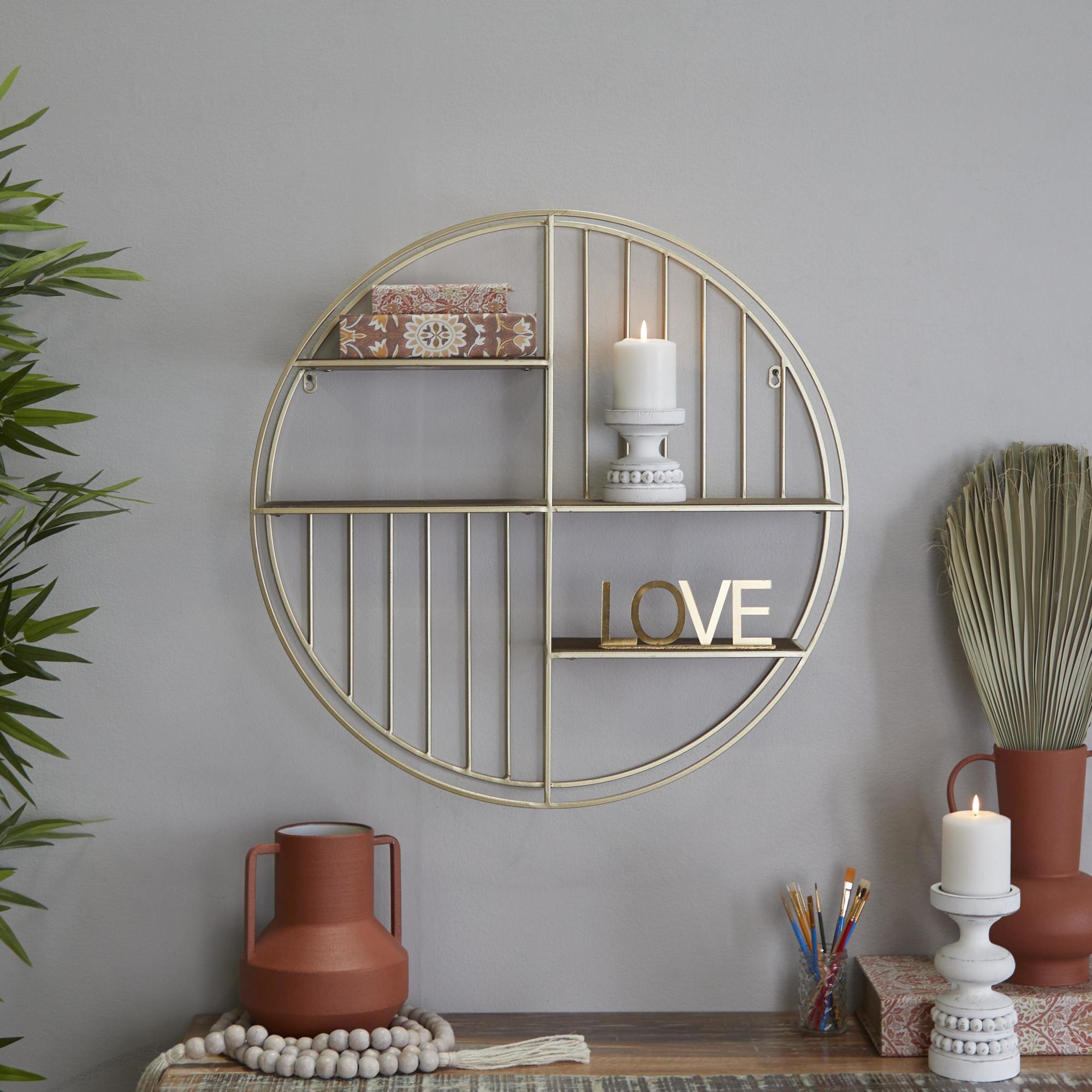 Geometric Gold Metal Circle Room Wall Shelf with 3 Wood Shelves and Linear Rods