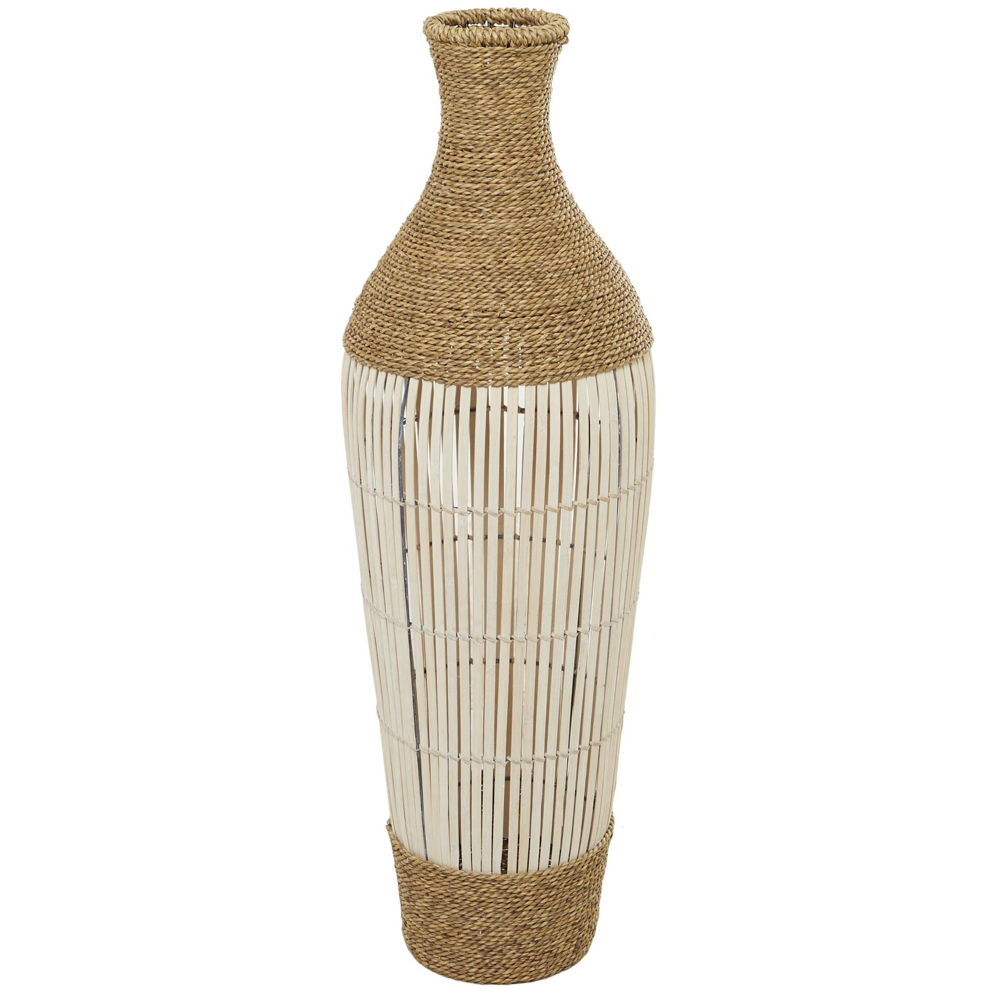 Brown Seagrass Handmade Wrapped Tall Decorative Vase with Cream Slatted Bamboo Center