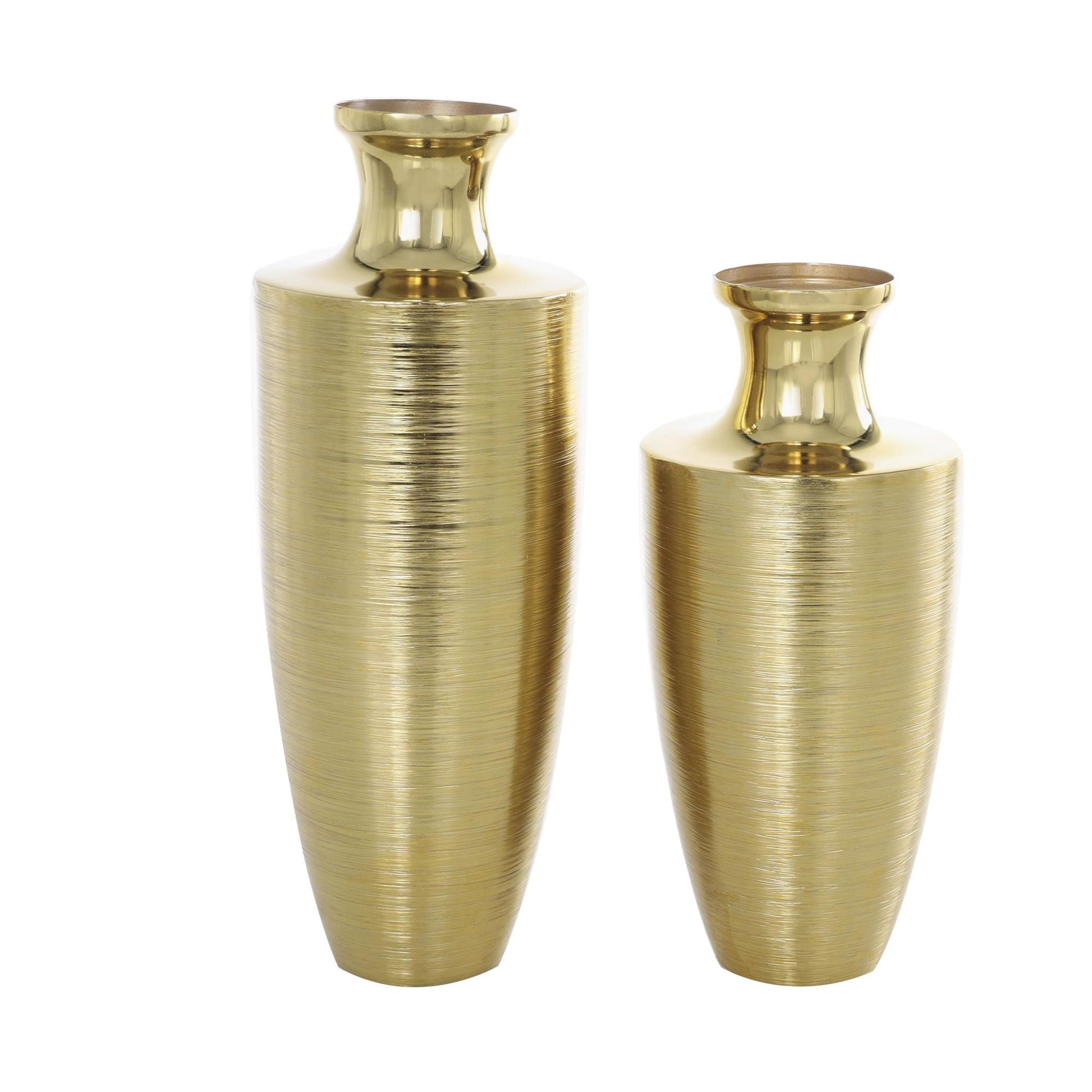 Set of 2 Gold Aluminum Metal Brushed Textured Decorative Vase