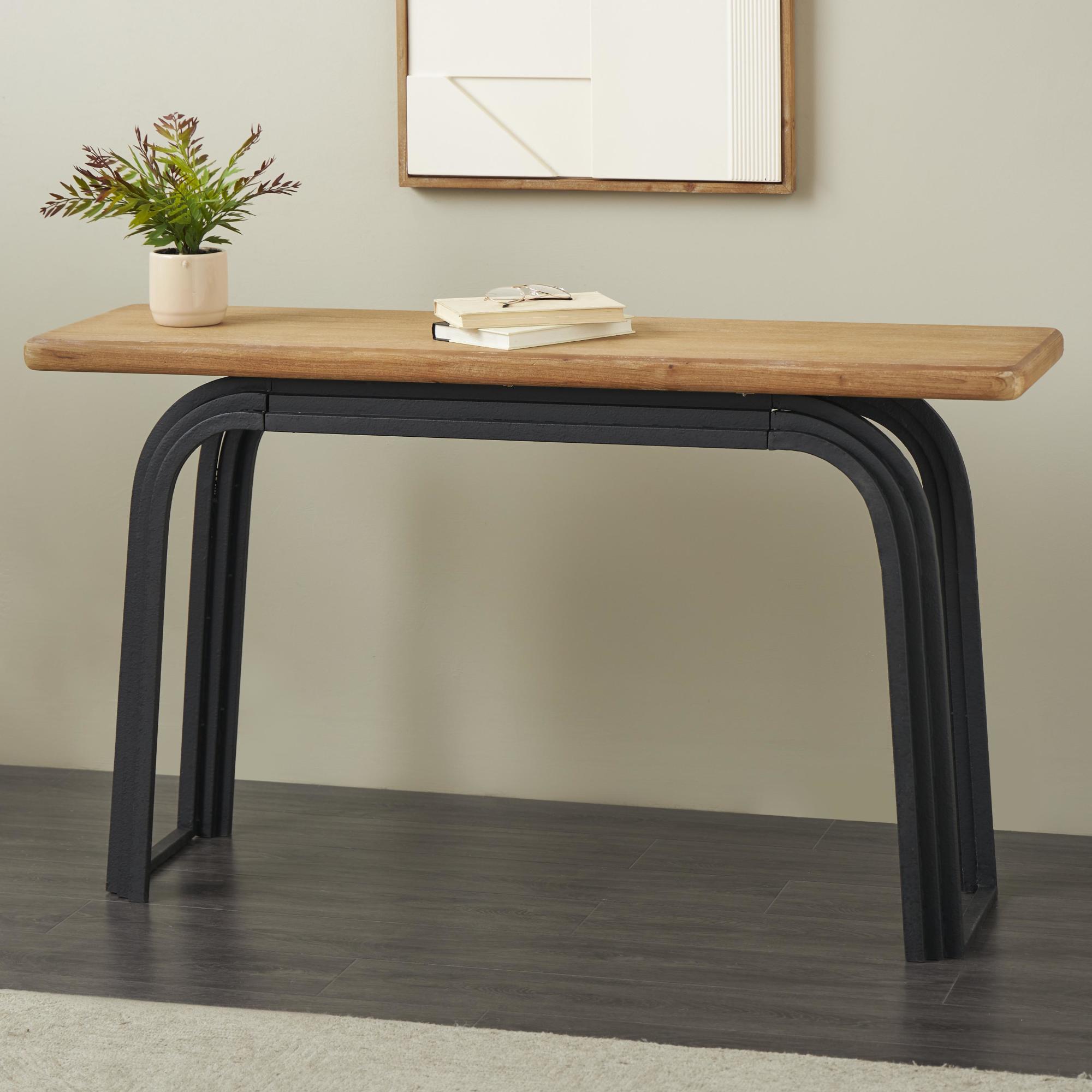 Black Metal Layered Arch Living Room Console Table with Brown Tabletop
