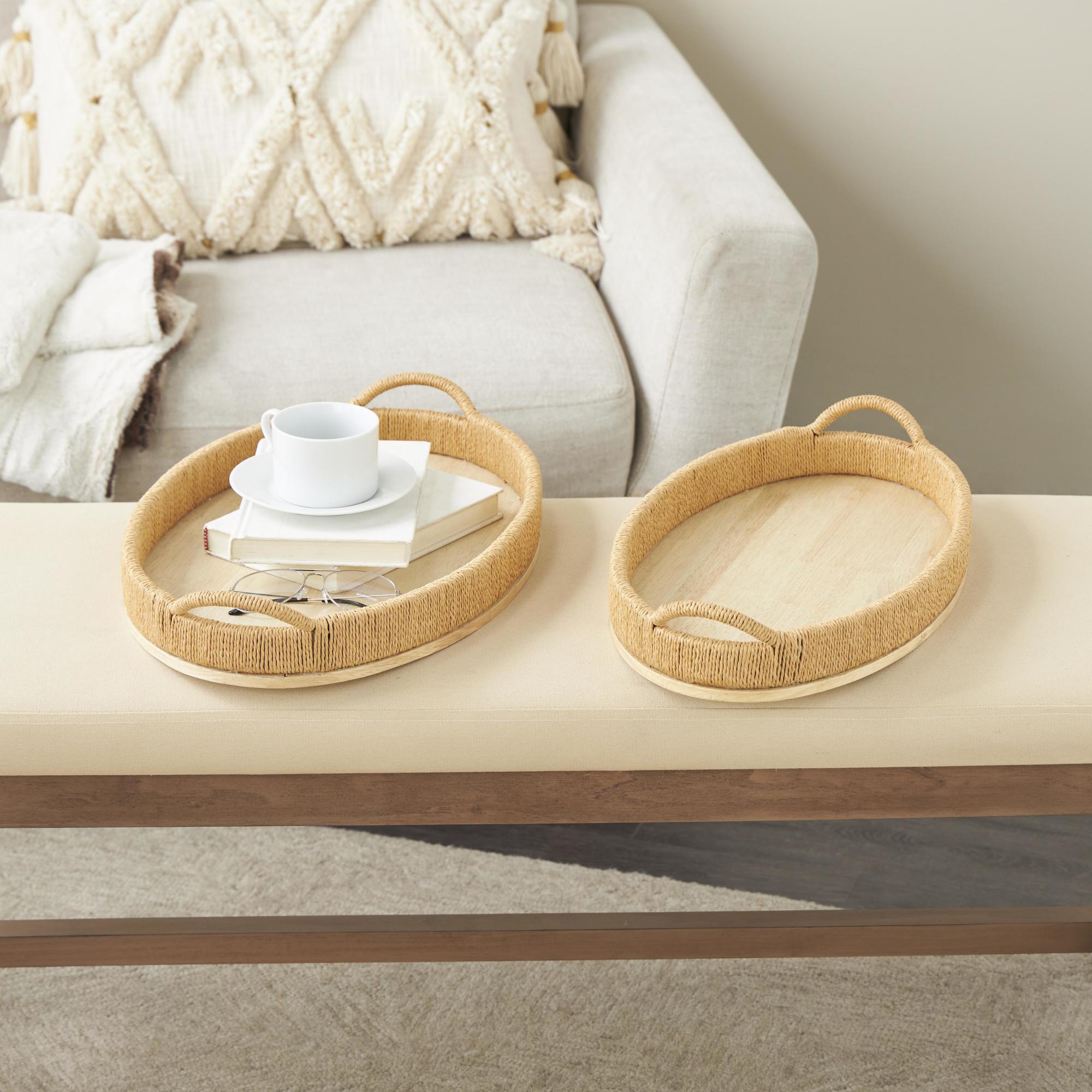 Set of 2 Brown Wood Handmade Living Room Decor Tray with Wood Base