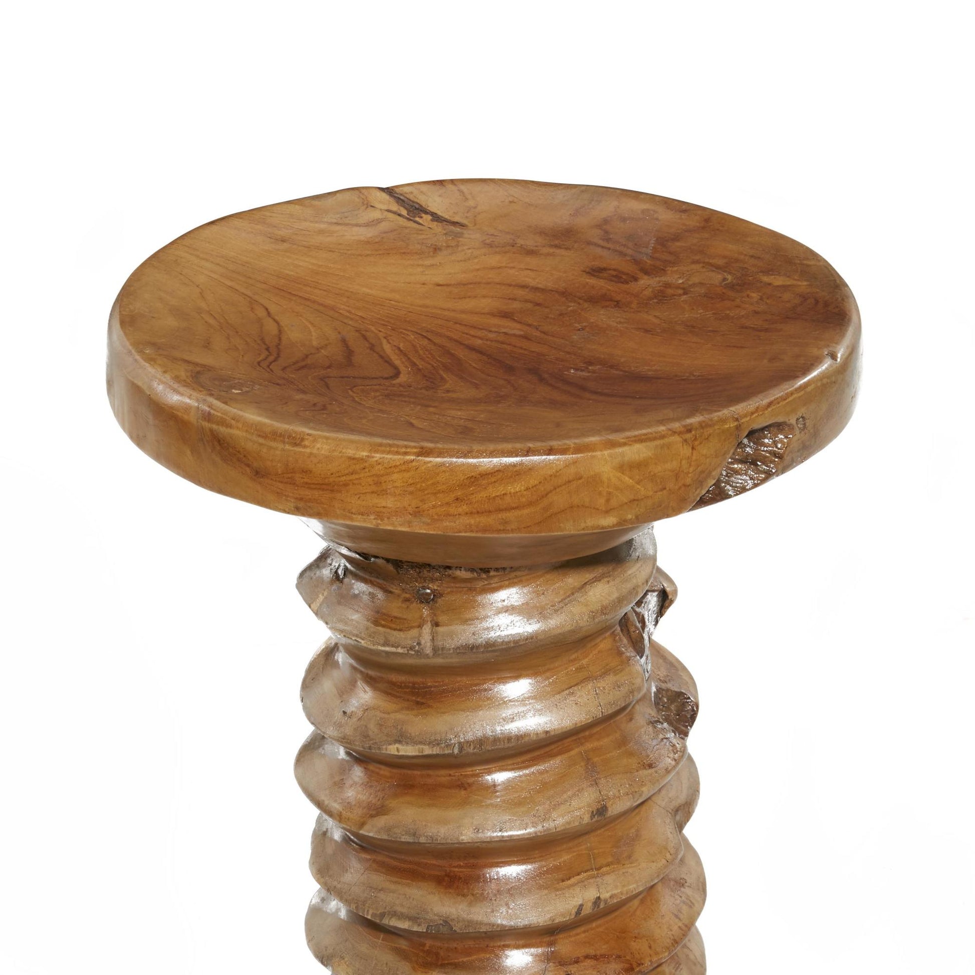 Brown Teak Wood Handmade Live Edge Side End Accent Table with Coiled Base
