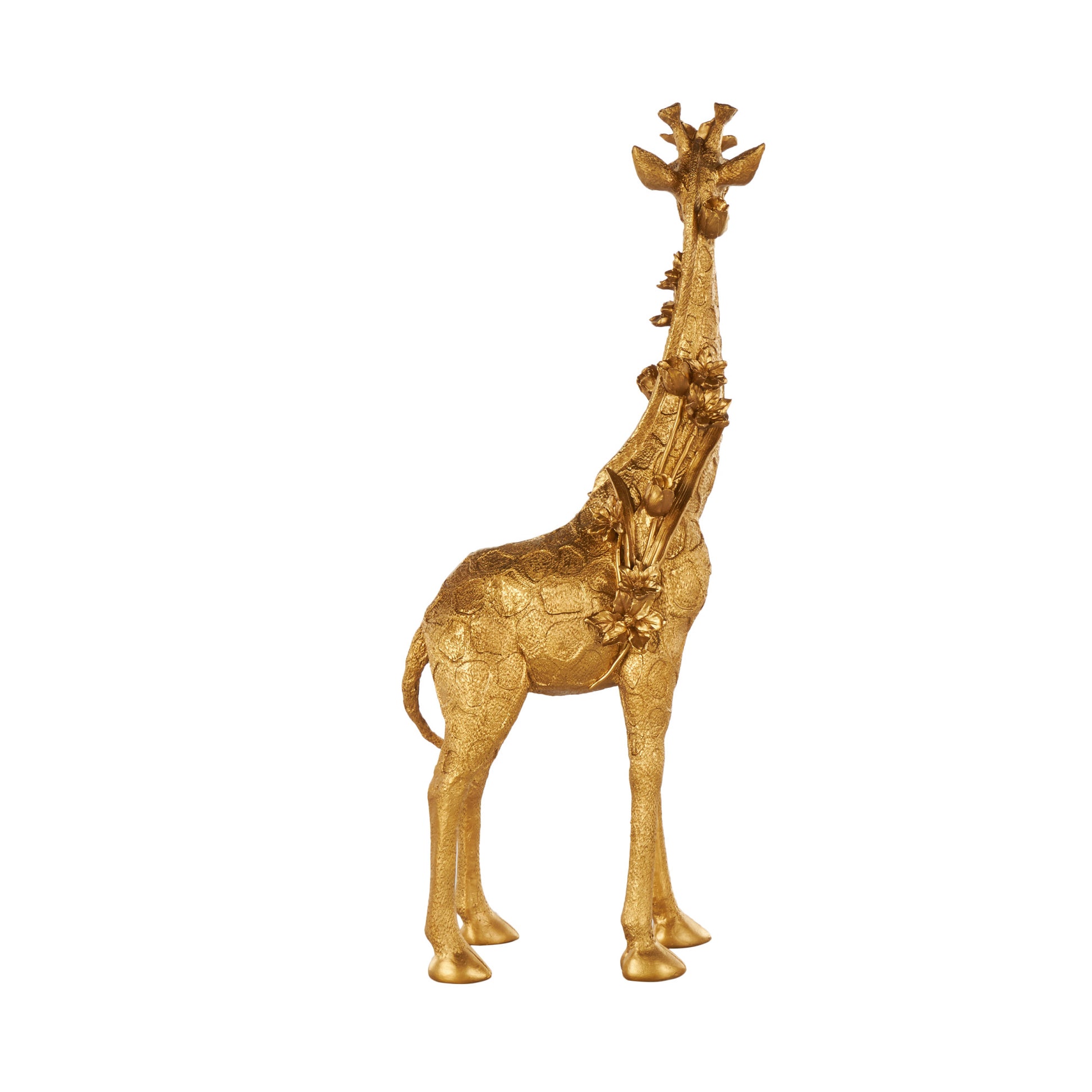 Giraffe Gold Resin Standing Decorative Sculpture with Textured Spots and Floral Accents