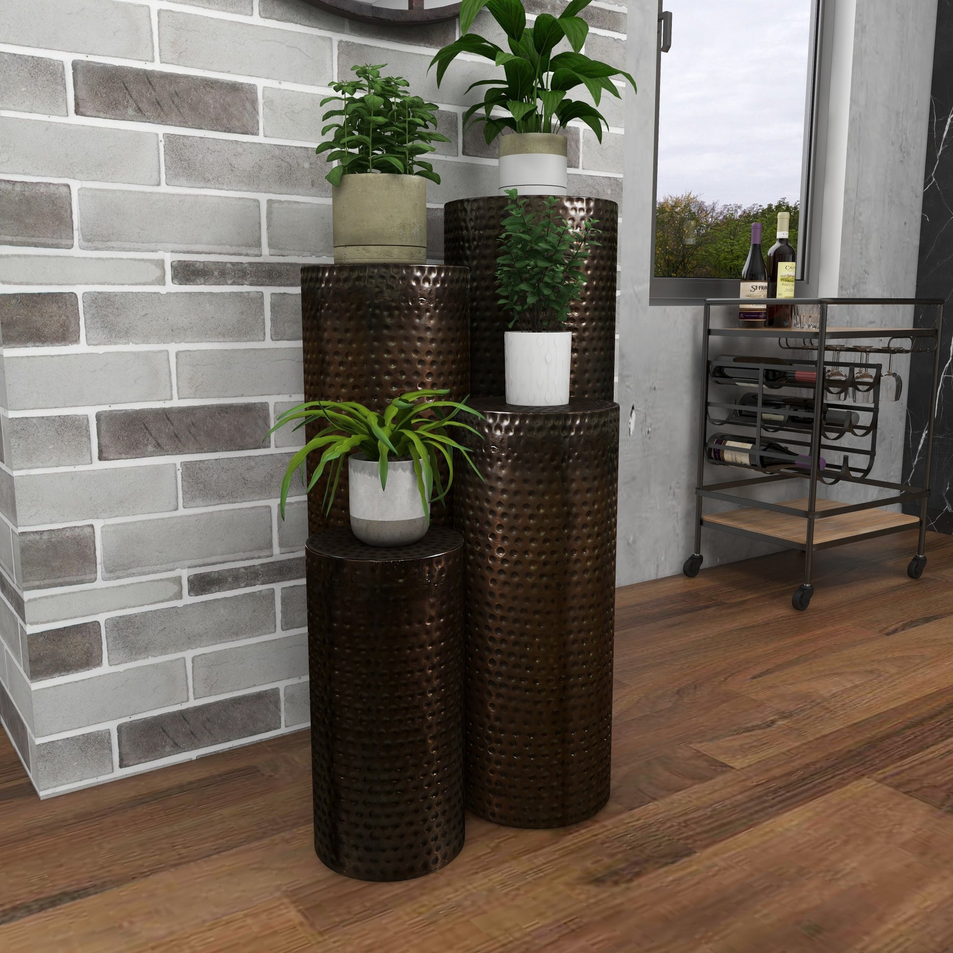 Set of 4 Abstract Metal Tall Slim Side End Pedestal Table with Grooved Shell Design Set of 4 36", 32", 24", 18"H