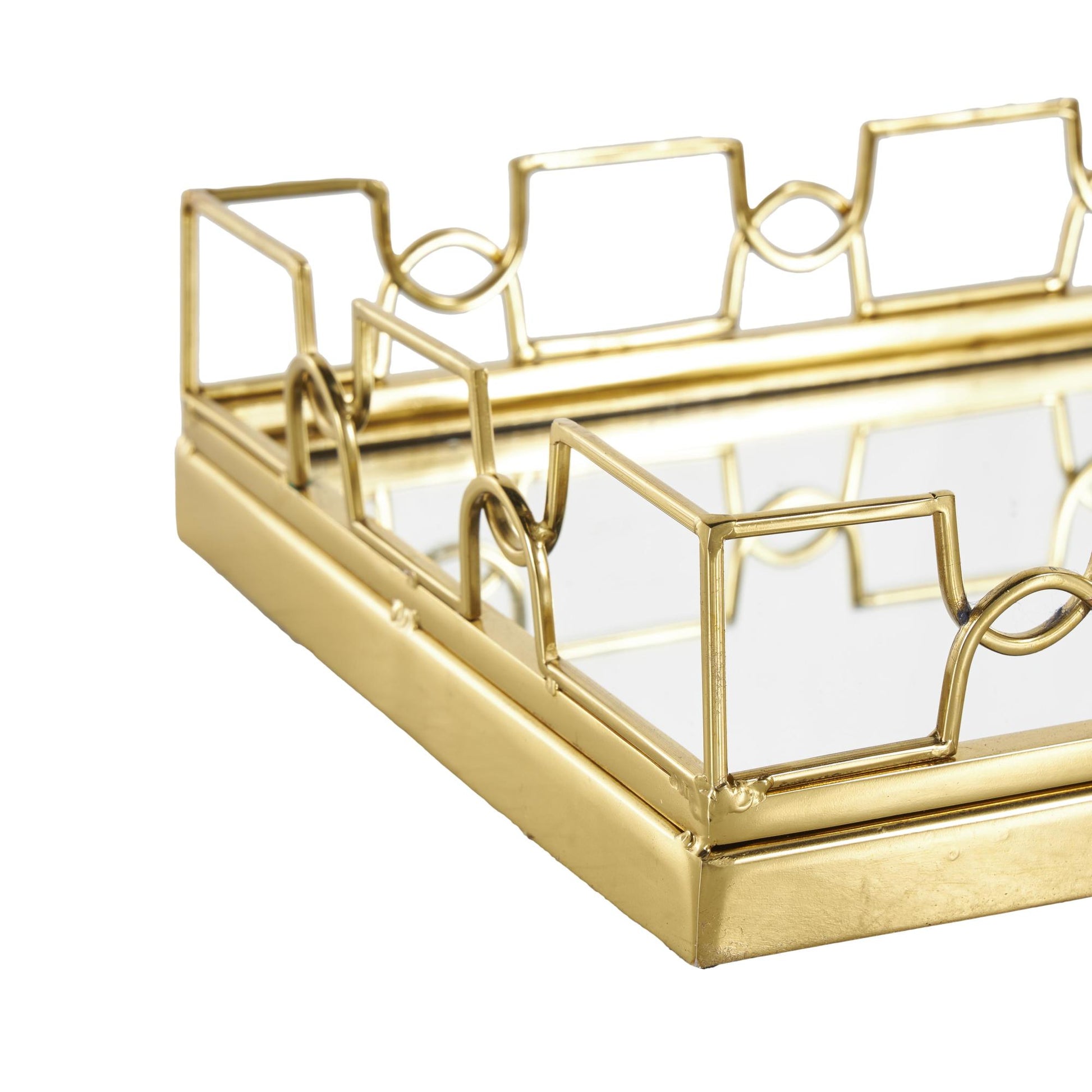 Set of 2 Geometric Gold Stainless Steel Metal Mirrored Living Room Decor Tray with Wire Rod Frame