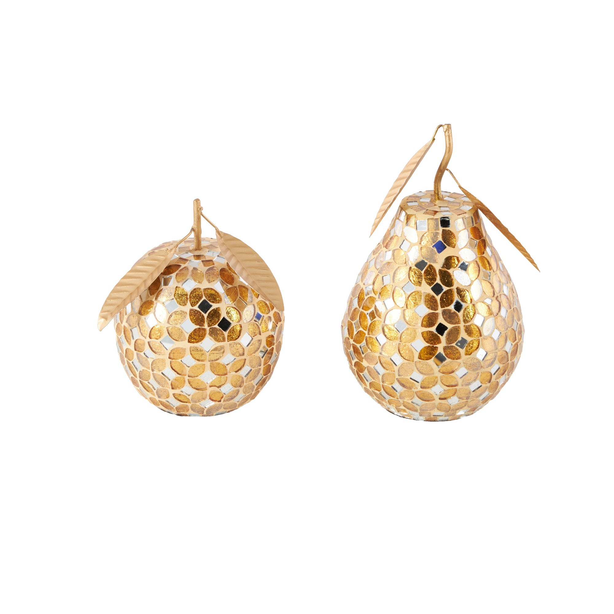 Set of 2 Fruit Gold Metal Decorative Sculpture with Mosaic Details