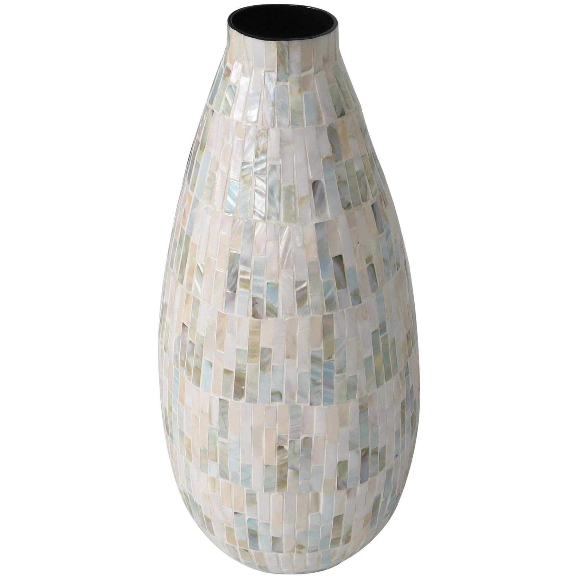 White Mother of Pearl Shell Handmade Mosaic Inspired Decorative Vase with Pastel Blue and Pink Accents