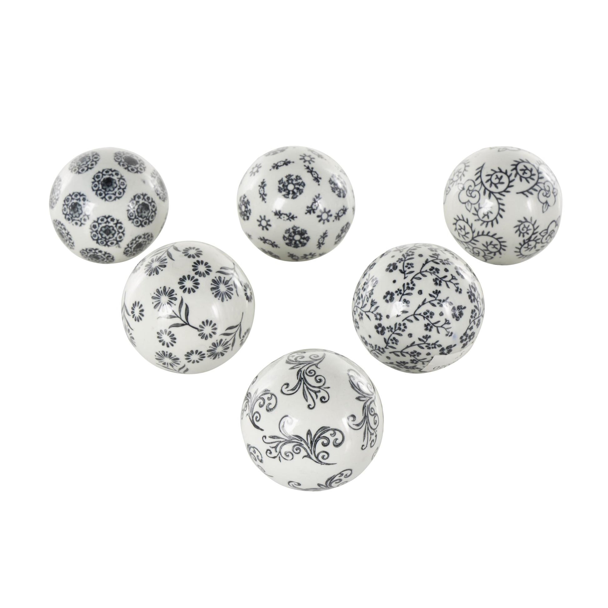 Set of 6 Floral Ceramic Glossy Decorative Orbs & Vase Filler with Varying Floral and Scroll Patterns Set of 6 3"W, 3"H
