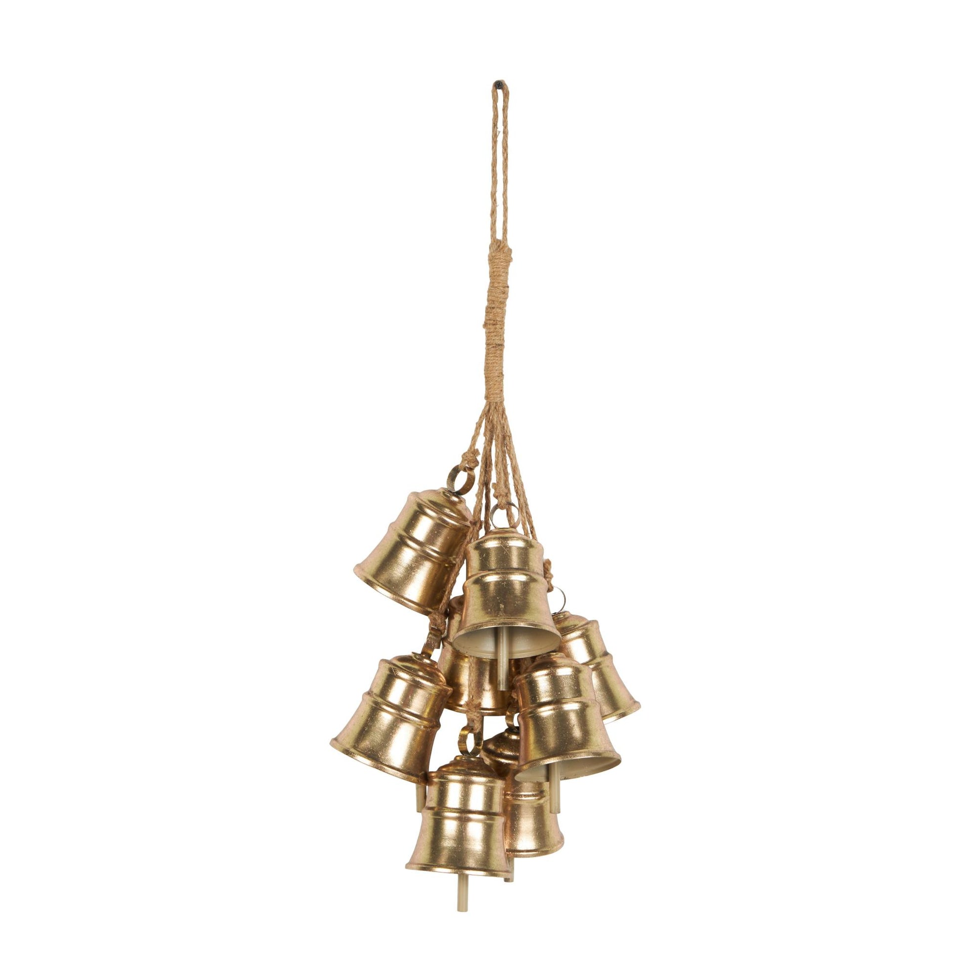 Gold Metal Tibetan Inspired Cascading Cluster Indoor Outdoor Decorative Bells with 8 Bells on Jute Hanging Rope