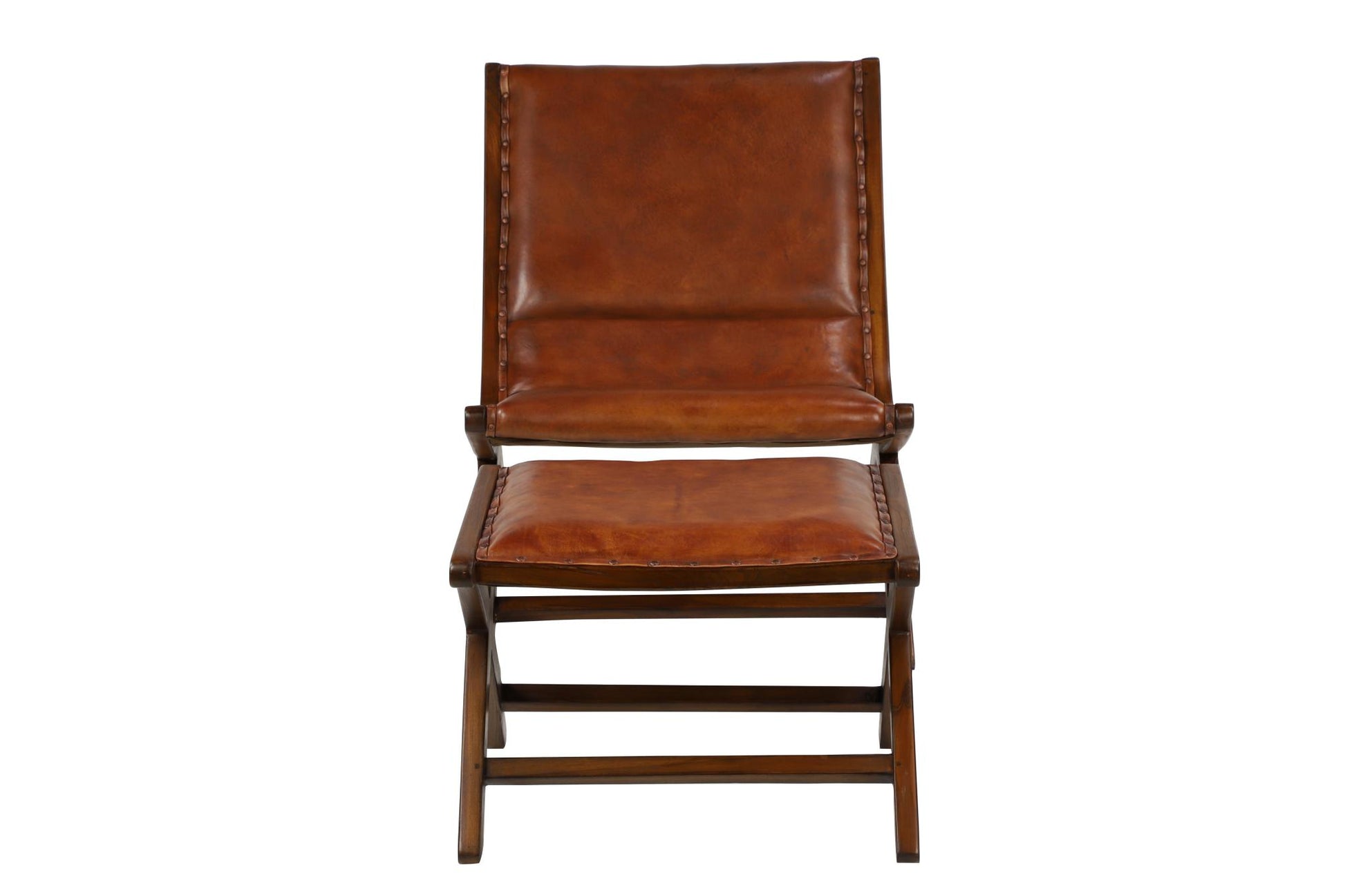 Teak Wood Handmade Upholstered Leather Accent Chair with Ottoman