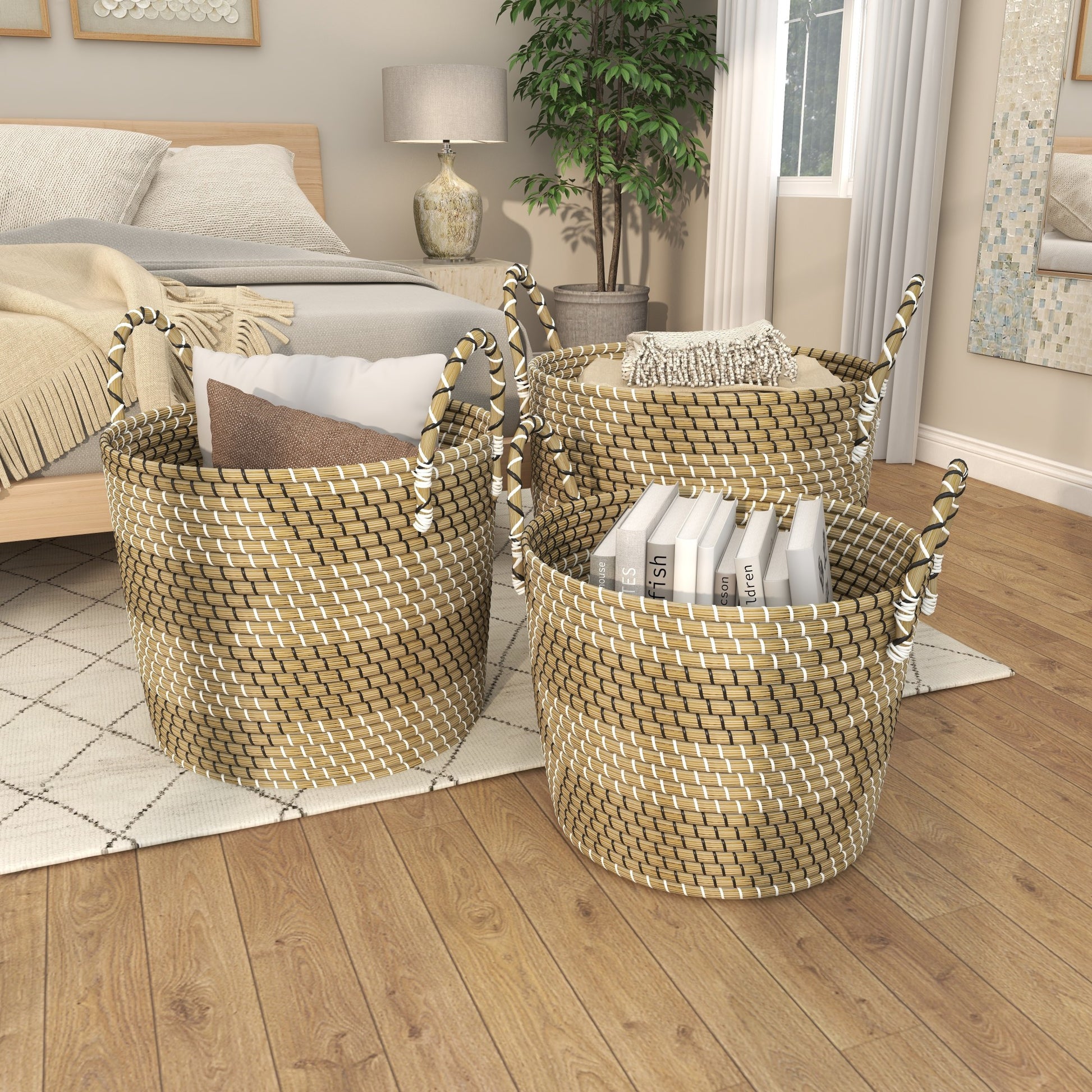 Set of 3 Beige Seagrass Handmade Woven Decorative and Functional Storage Basket with Black and White Zig Zag Pattern