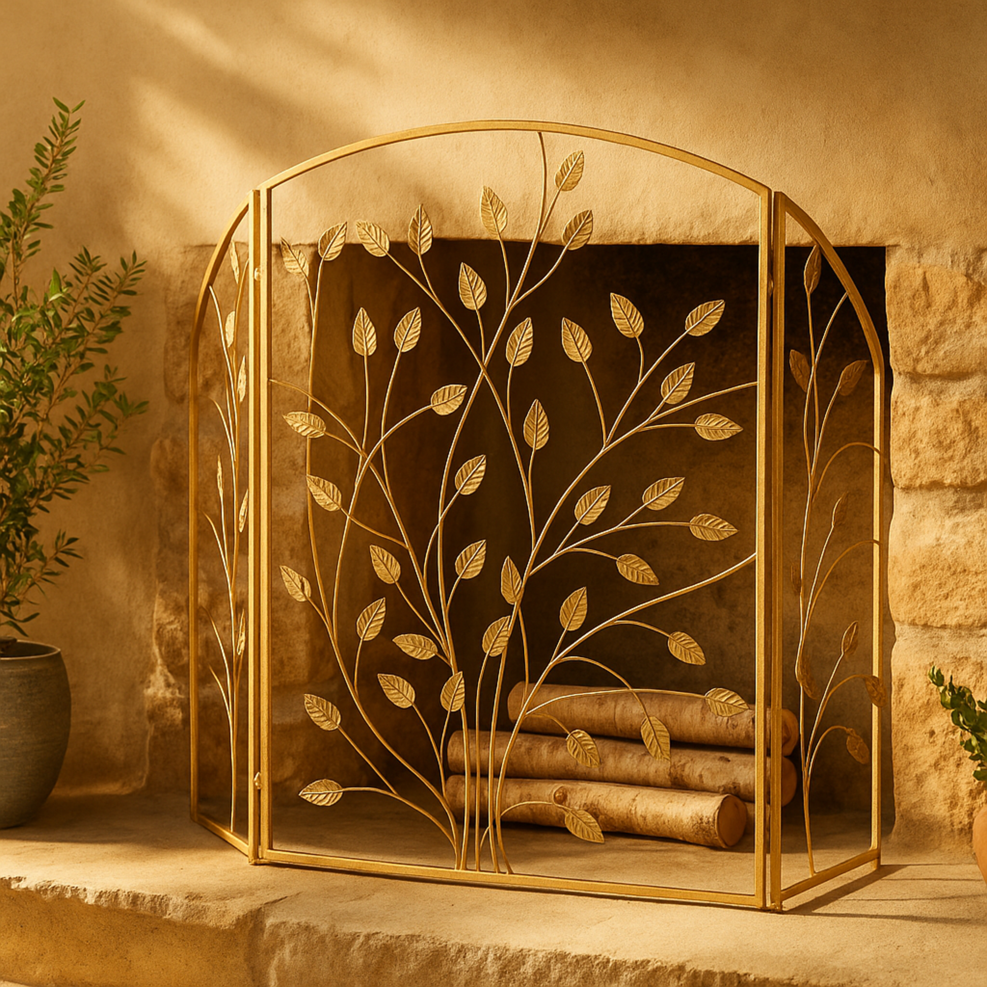 Leaf Gold Metal Foldable 3 Panel Living Room Fireplace Screen
